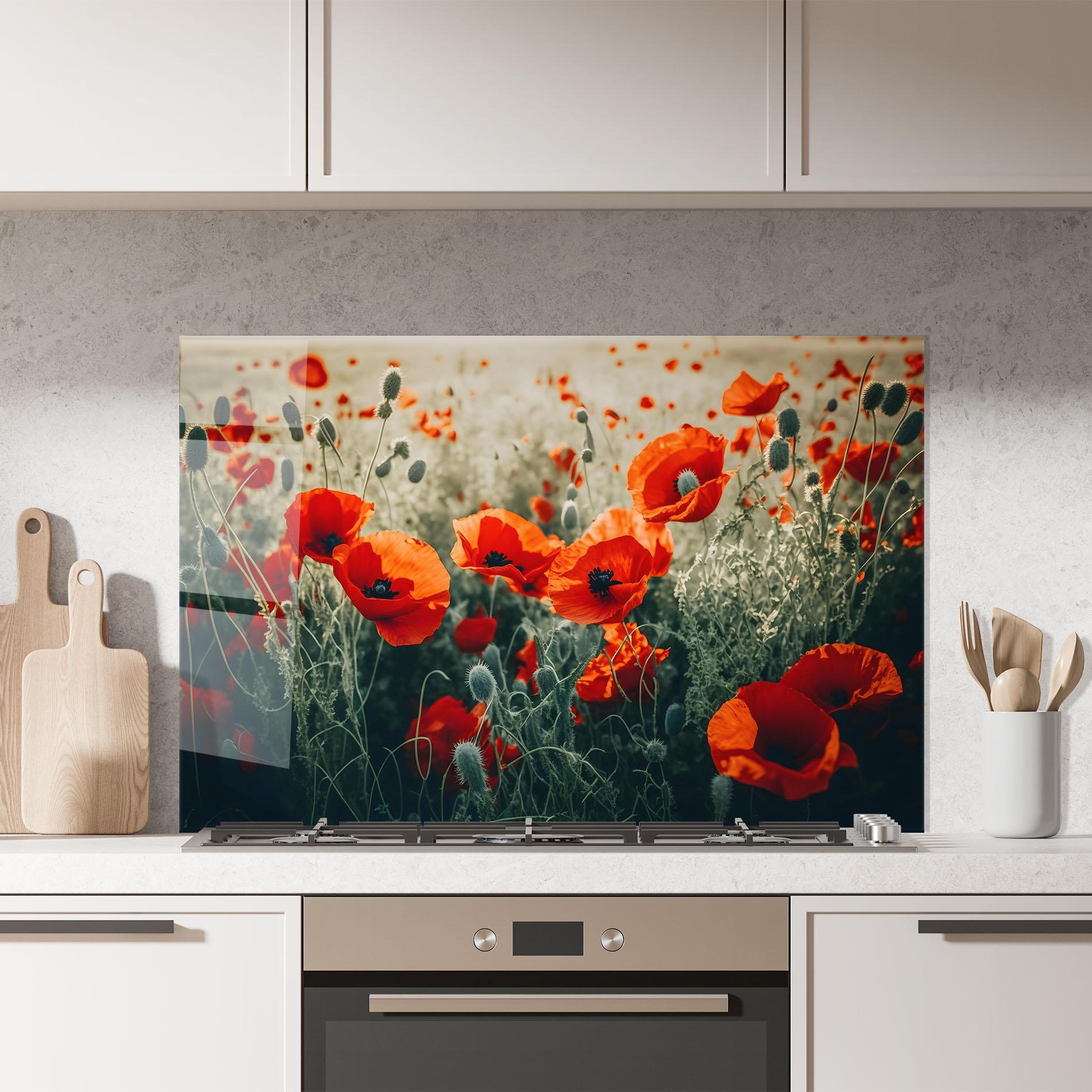 Konyhai üveg hátfal Poppy Grass Field mockup 7