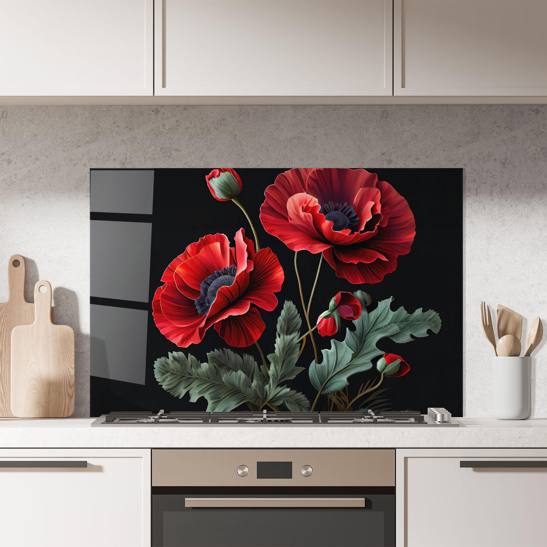 Konyhai üveg hátfal Poppy On Black mockup 7