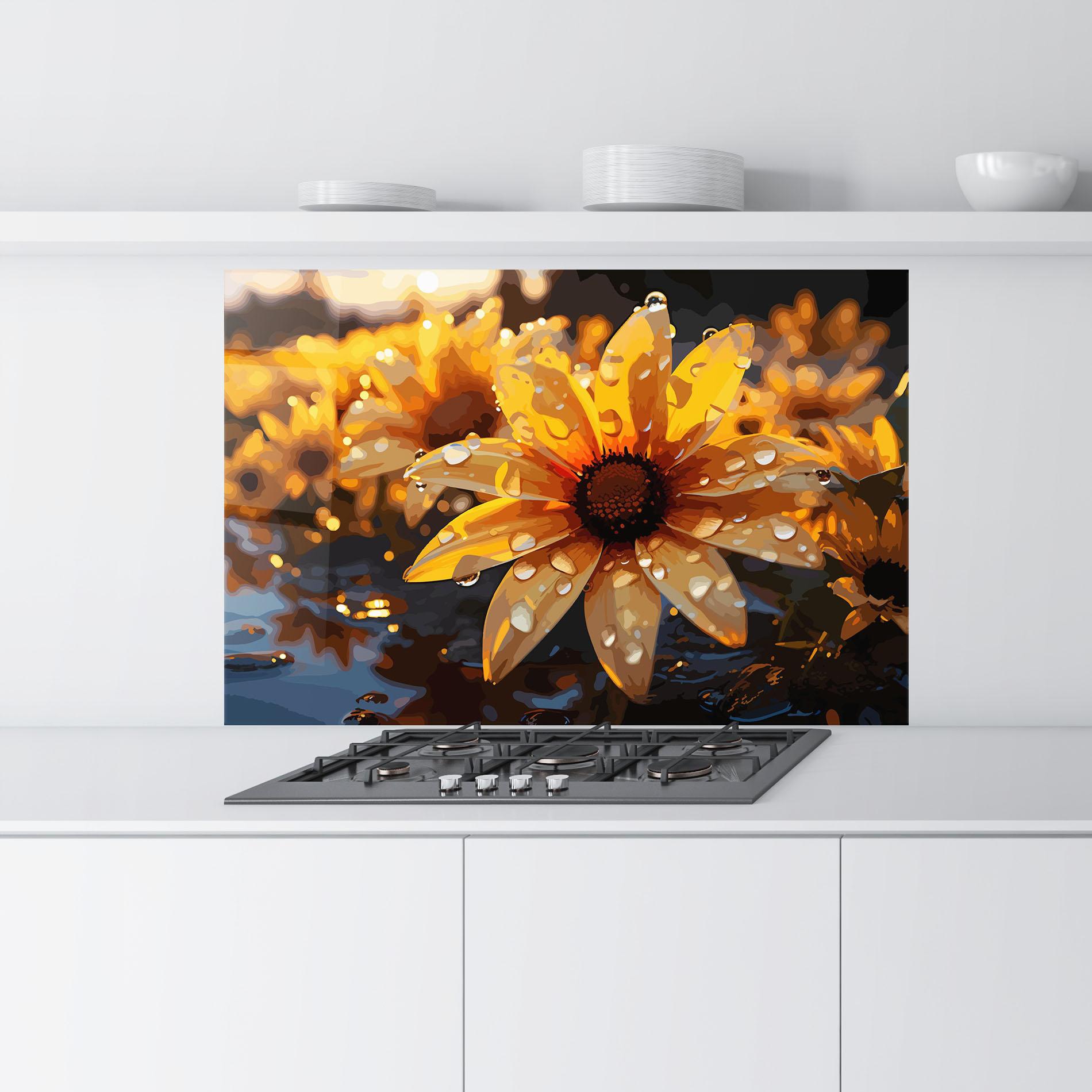 Konyhai üveg hátfal Rainy Yellow Daisy mockup 9