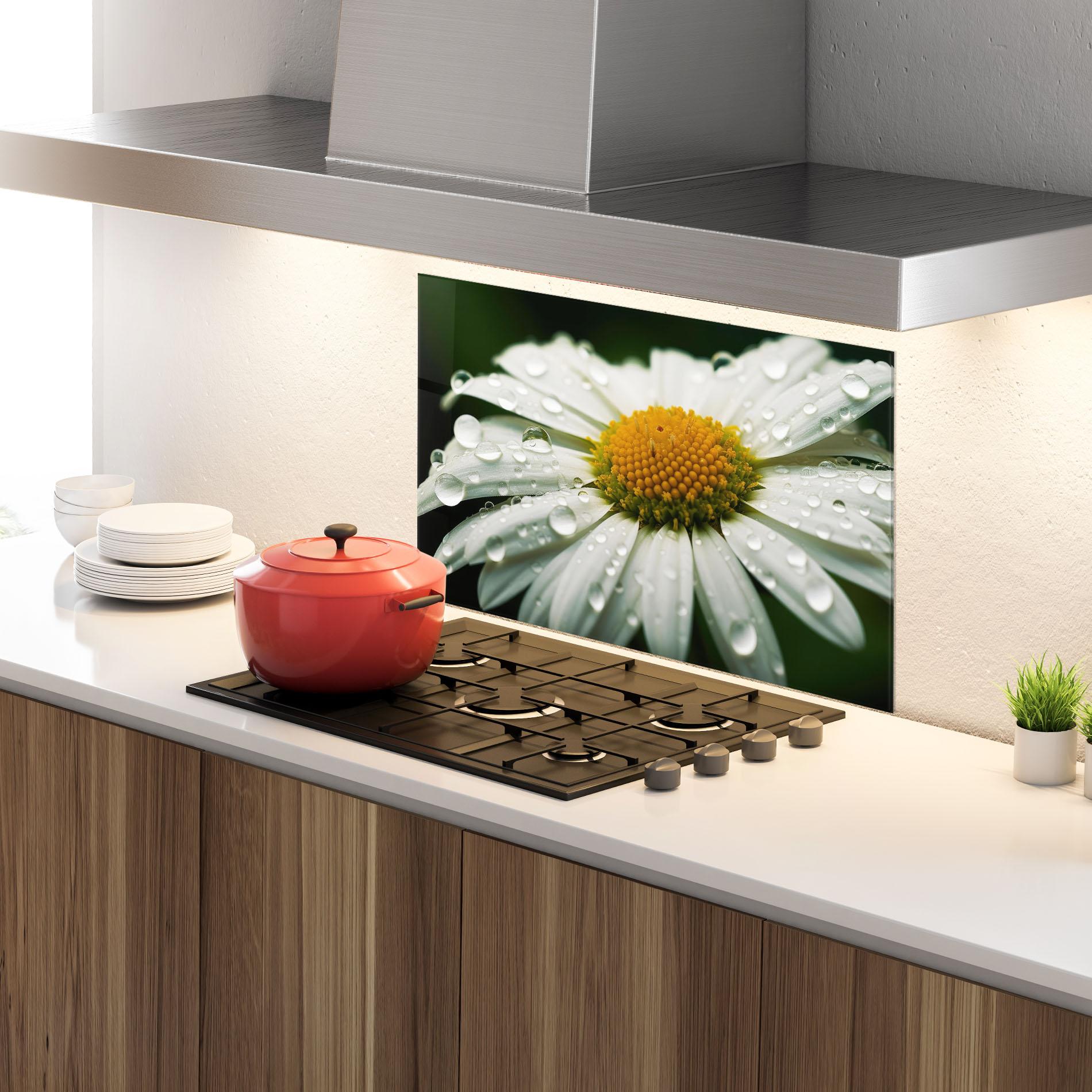 Konyhai üveg hátfal Close Up Daisy After Rain mockup 4