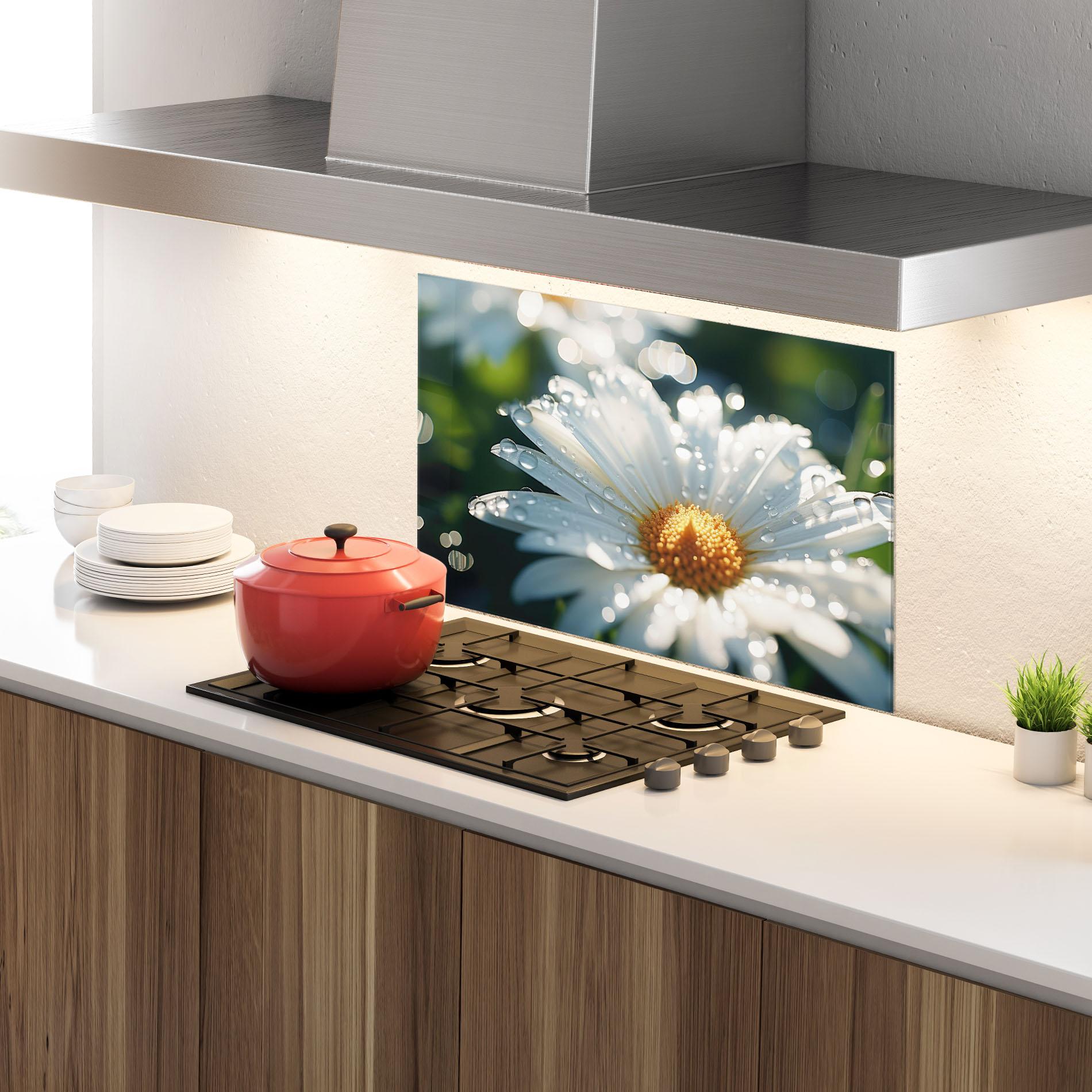 Konyhai üveg hátfal Daisy After Rain Close Up mockup 4
