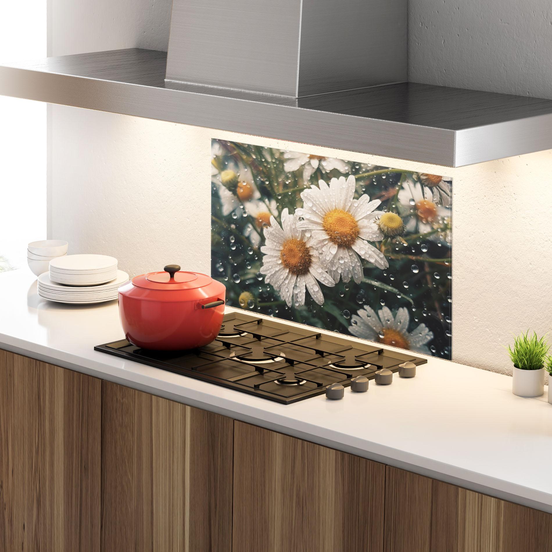 Konyhai üveg hátfal Daisy View After Rain mockup 4
