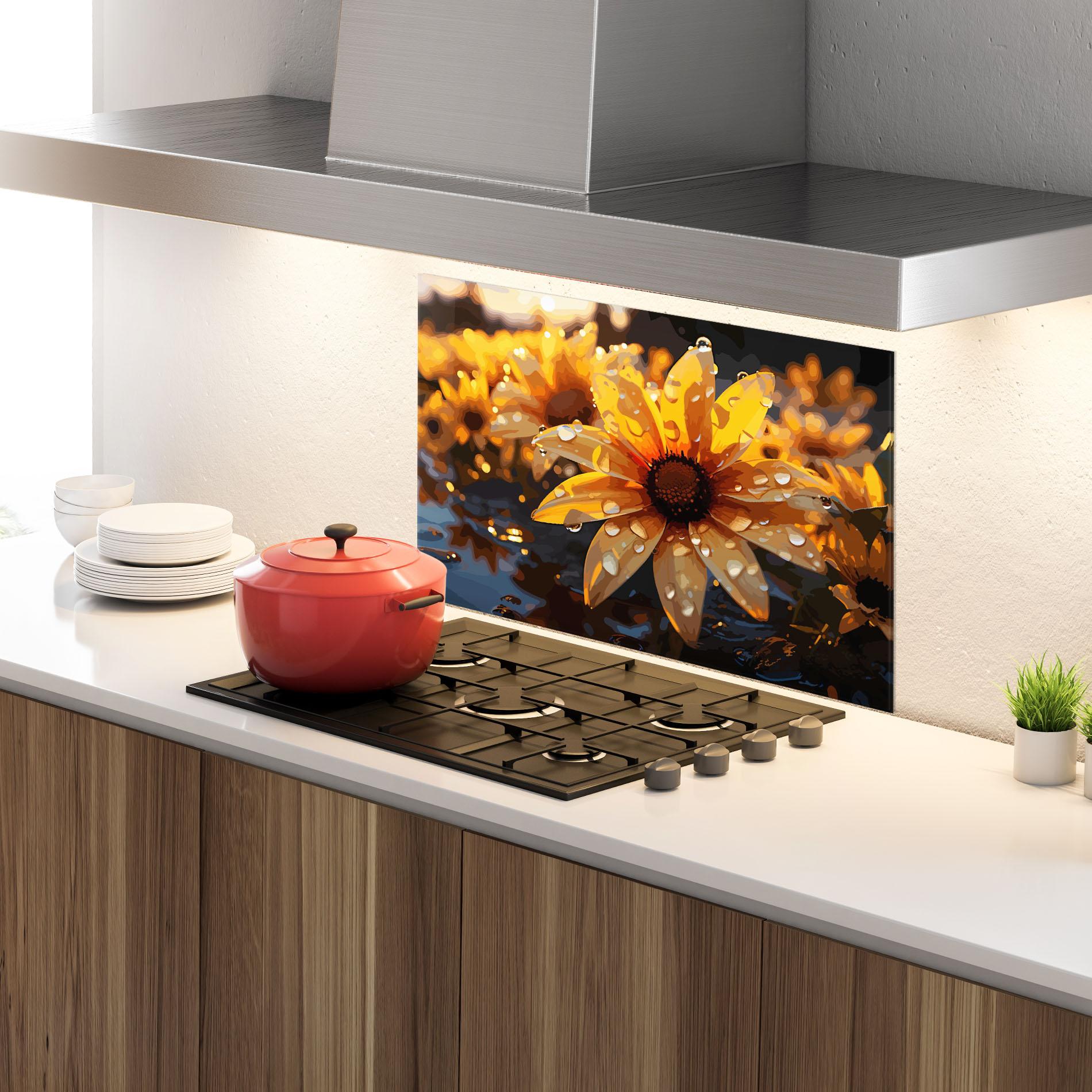 Konyhai üveg hátfal Rainy Yellow Daisy mockup 4