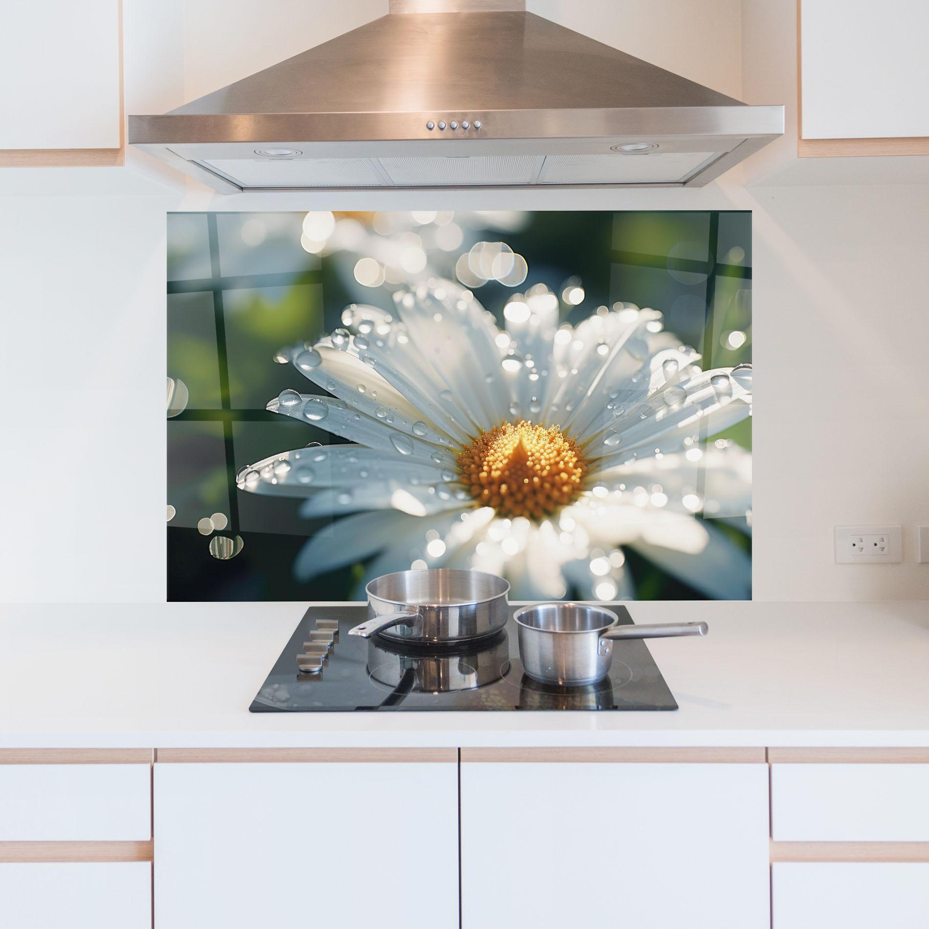 Konyhai üveg hátfal Daisy After Rain Close Up mockup 5