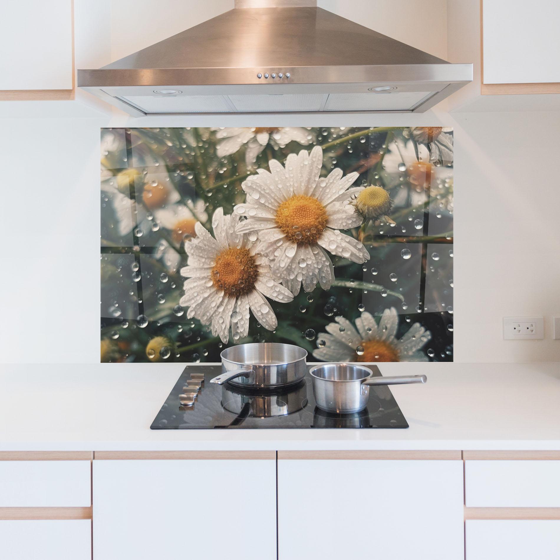 Konyhai üveg hátfal Daisy View After Rain mockup 5