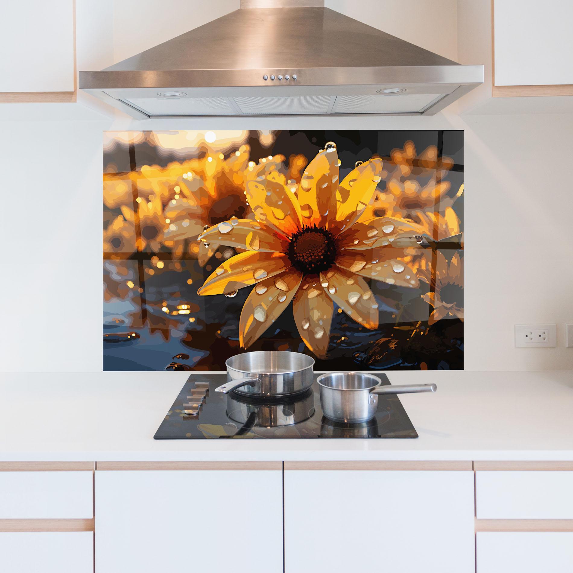 Konyhai üveg hátfal Rainy Yellow Daisy mockup 5
