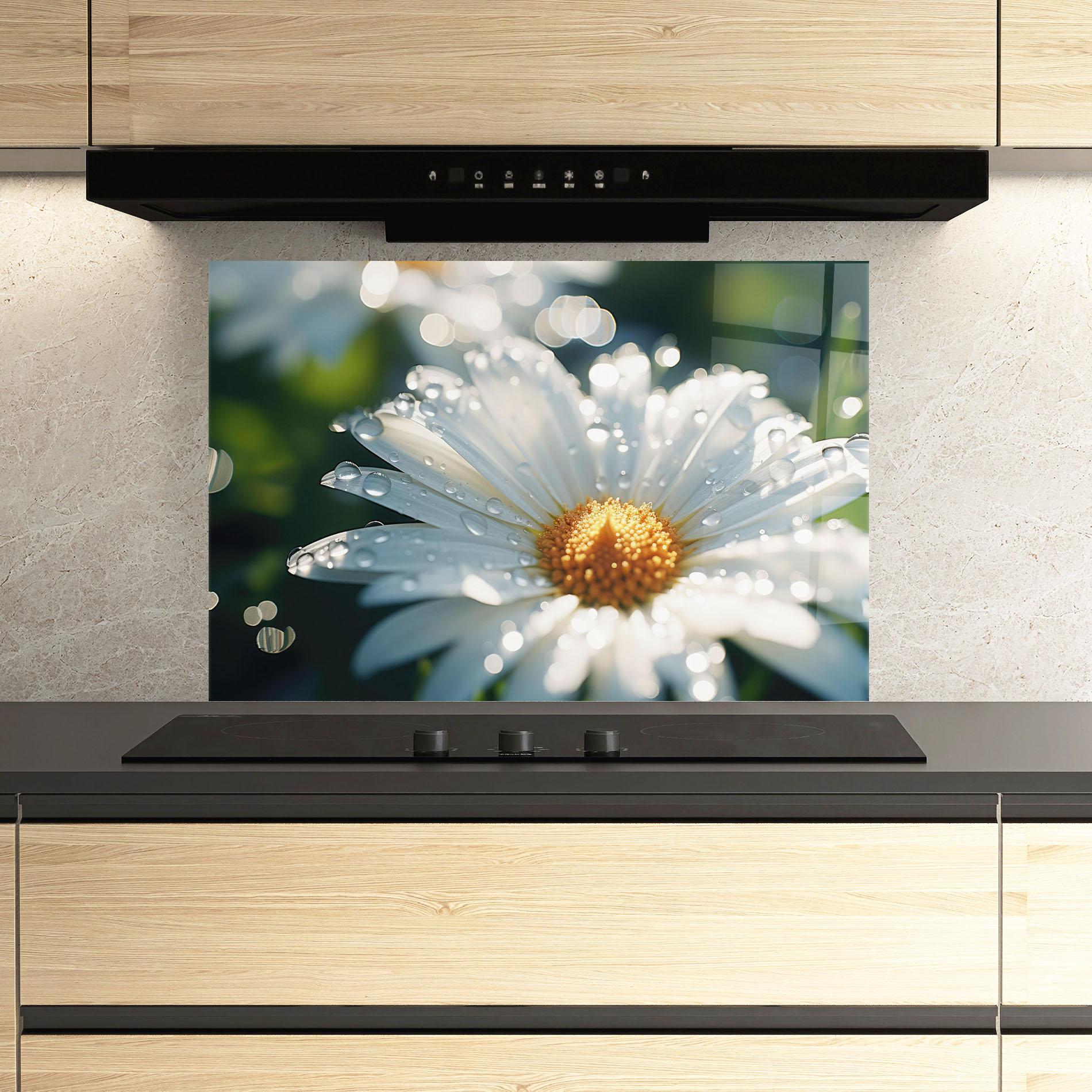 Konyhai üveg hátfal Daisy After Rain Close Up mockup 3