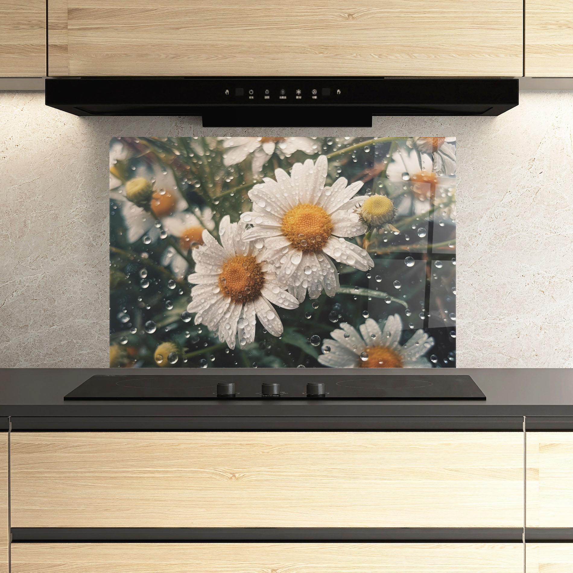 Konyhai üveg hátfal Daisy View After Rain mockup 3