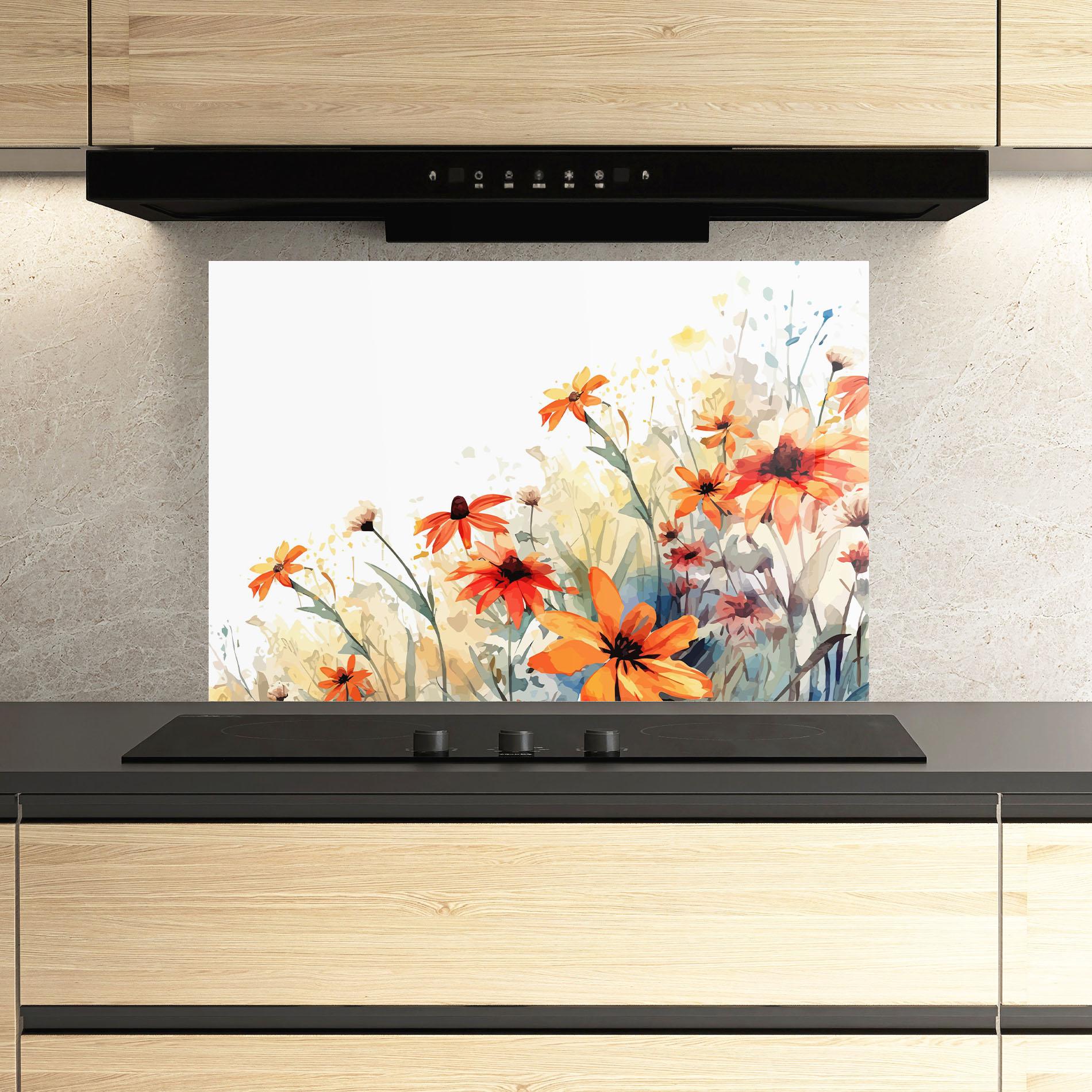 Konyhai üveg hátfal Orange Daisy mockup 3
