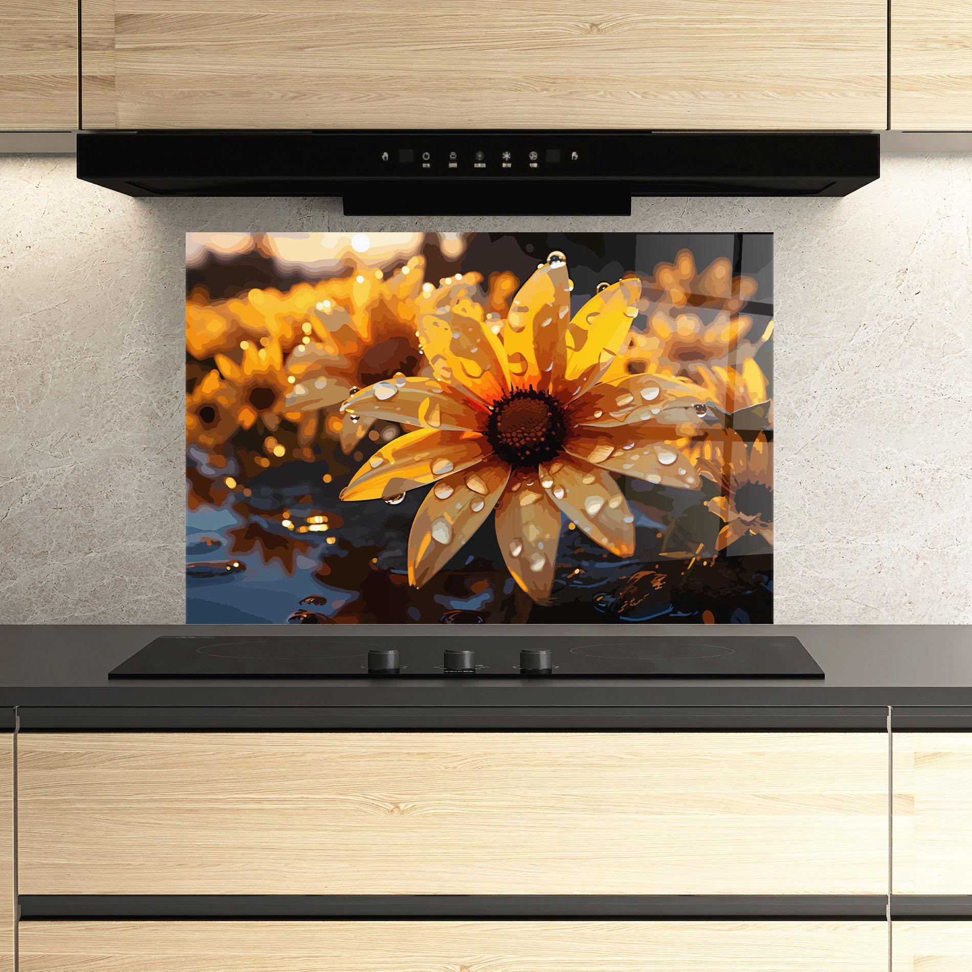 Konyhai üveg hátfal Rainy Yellow Daisy mockup 3