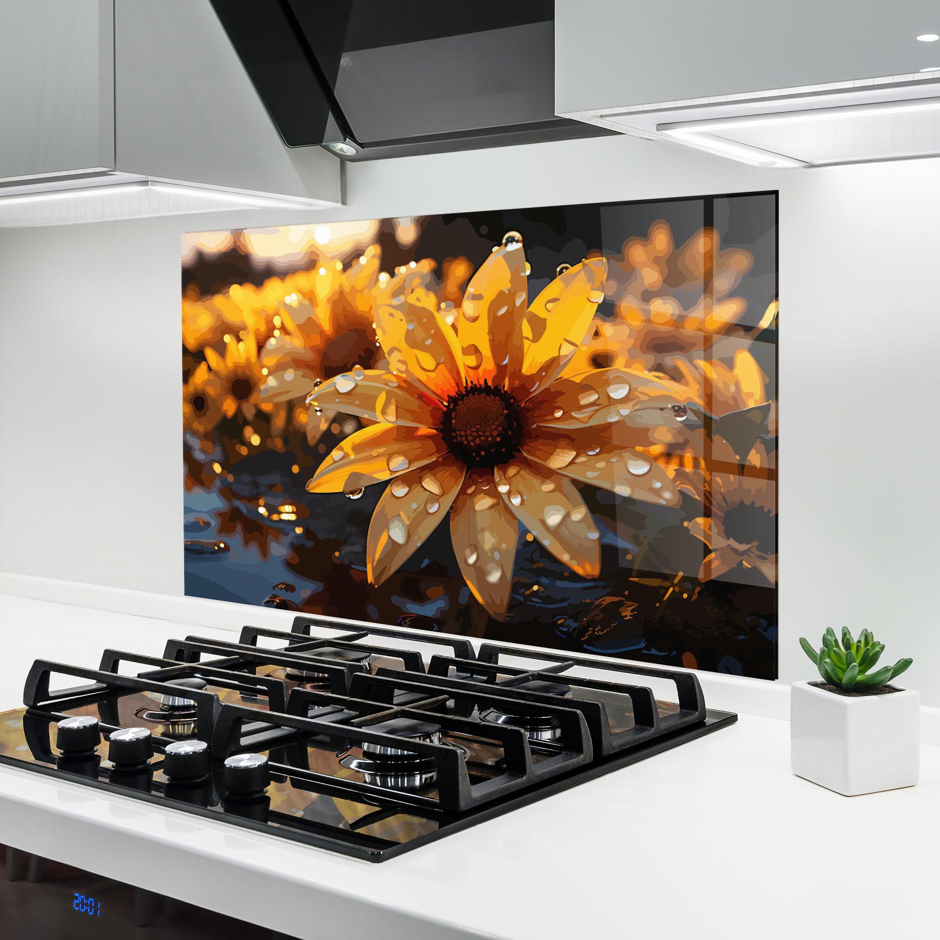 Konyhai üveg hátfal Rainy Yellow Daisy mockup 6