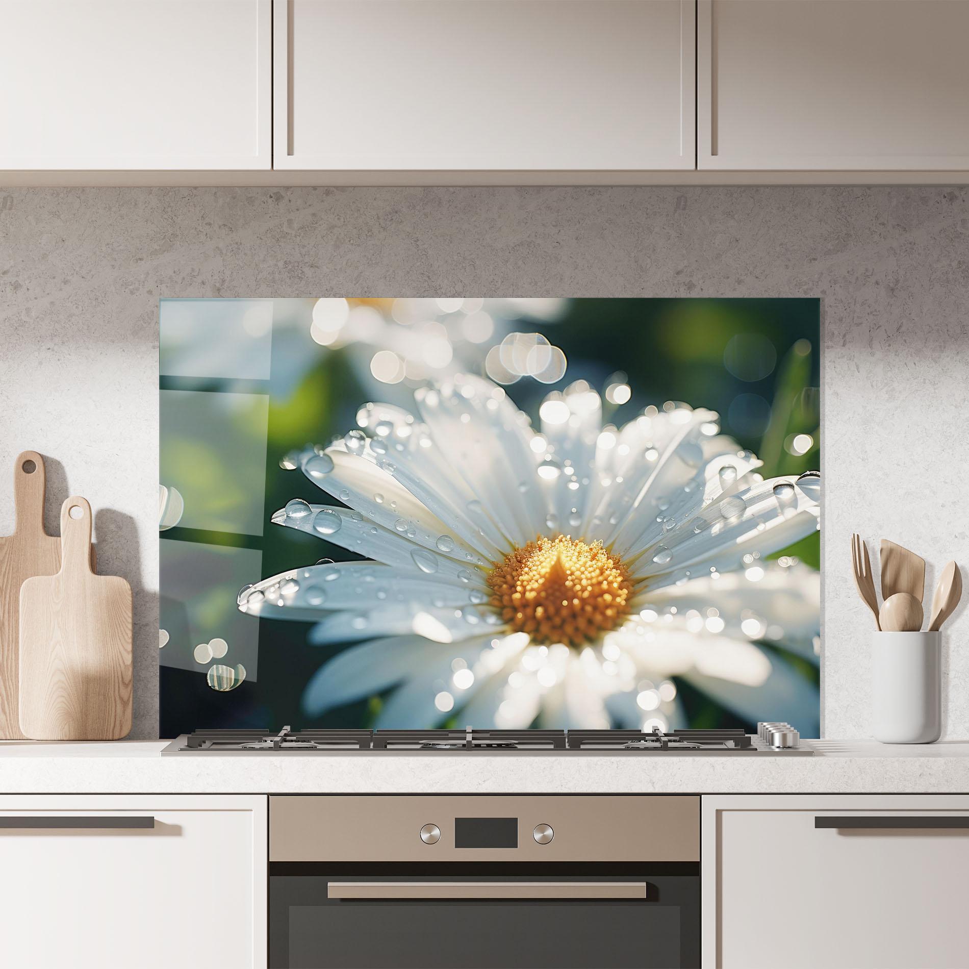 Konyhai üveg hátfal Daisy After Rain Close Up mockup 7