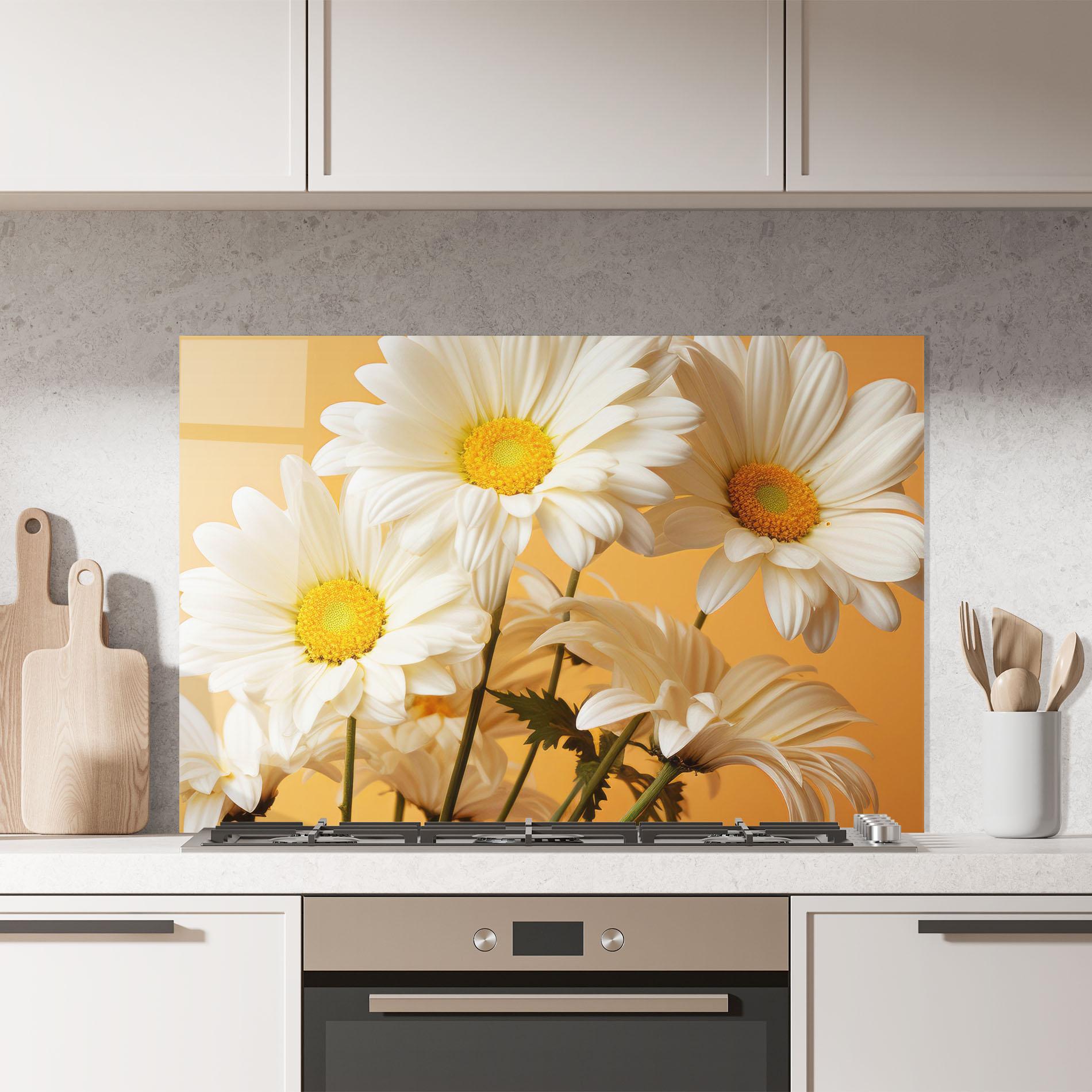 Konyhai üveg hátfal Daisy On Orange mockup 7