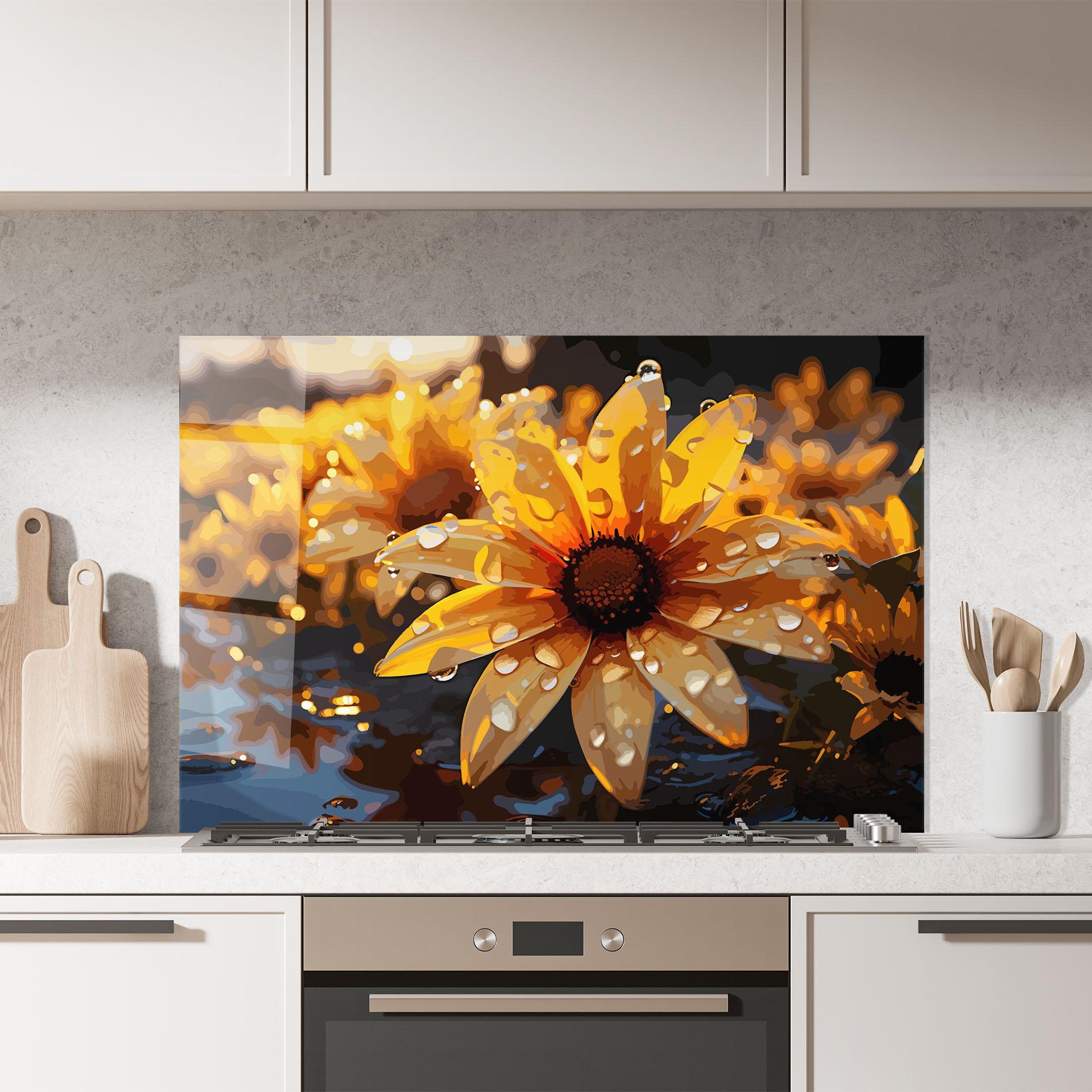 Konyhai üveg hátfal Rainy Yellow Daisy mockup 7