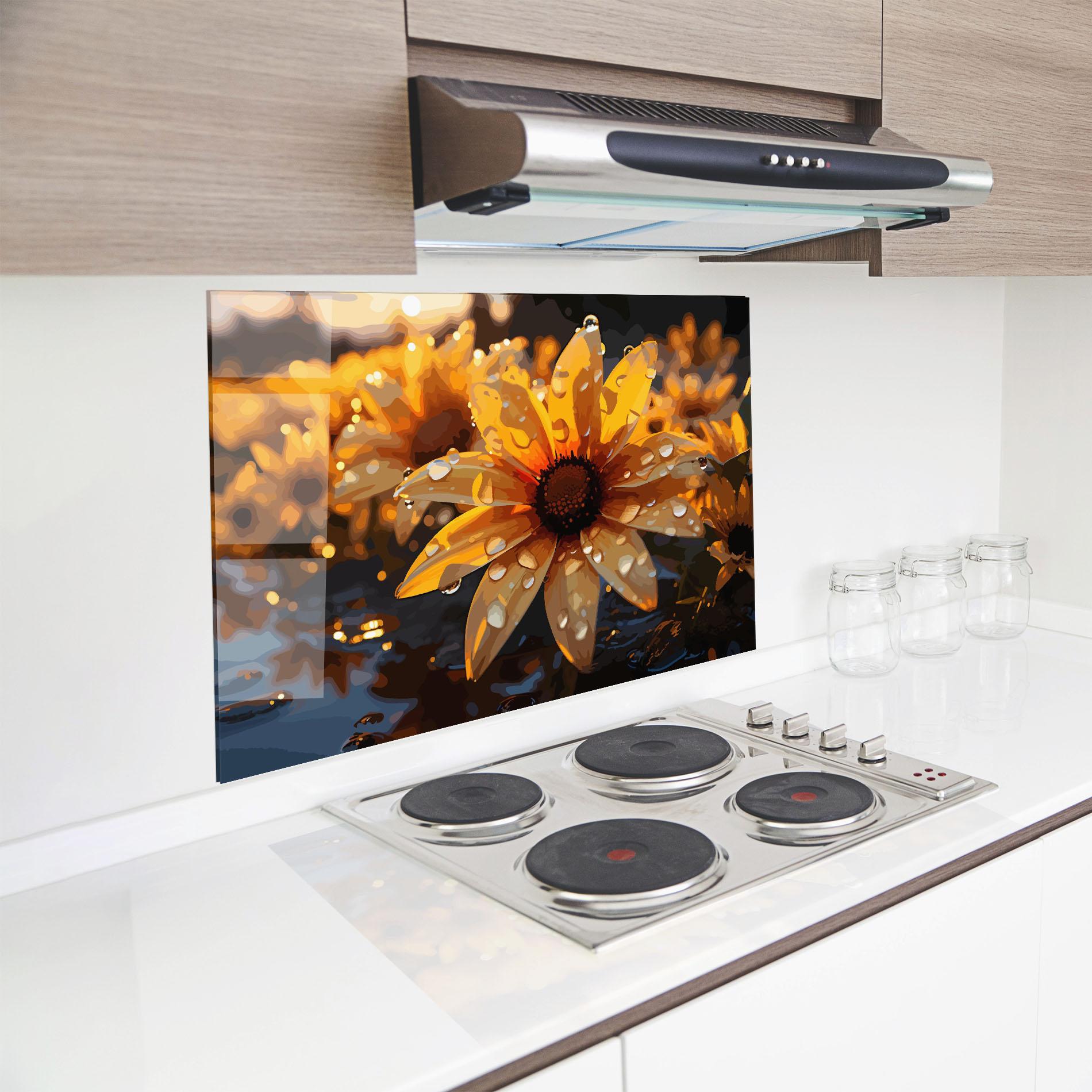 Konyhai üveg hátfal Rainy Yellow Daisy mockup 8