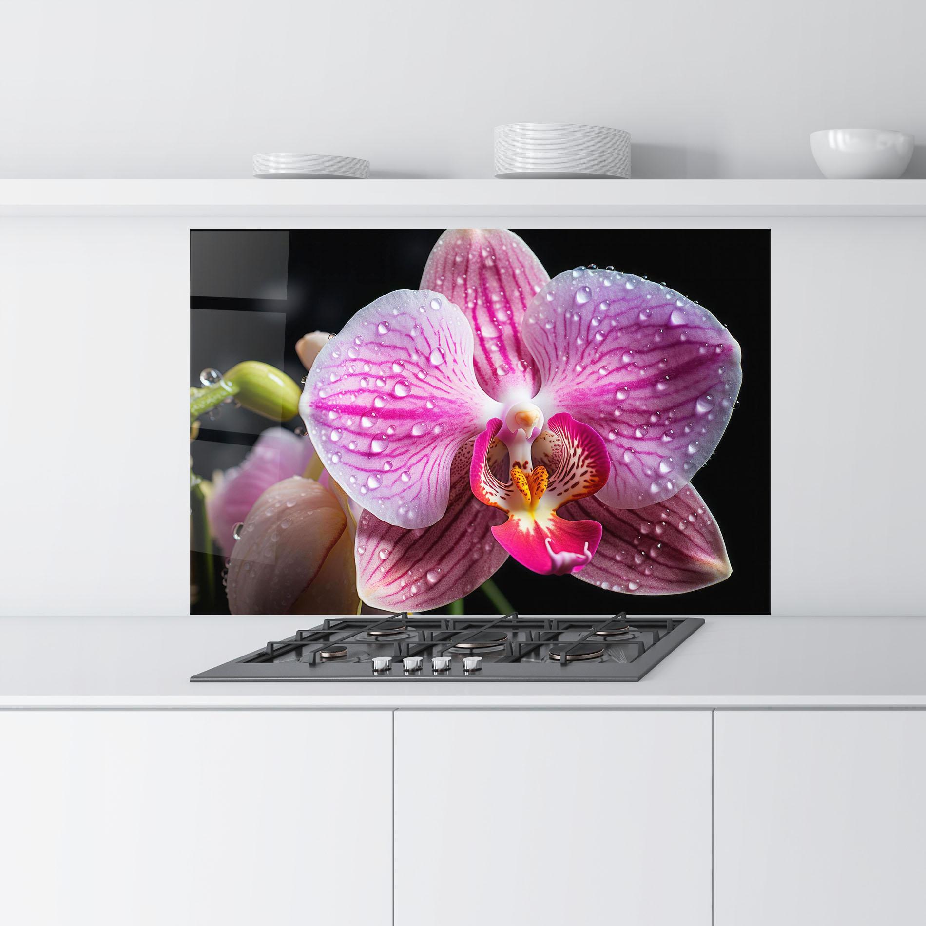 Konyhai üveg hátfal Pretty Orchid After Rain mockup 9