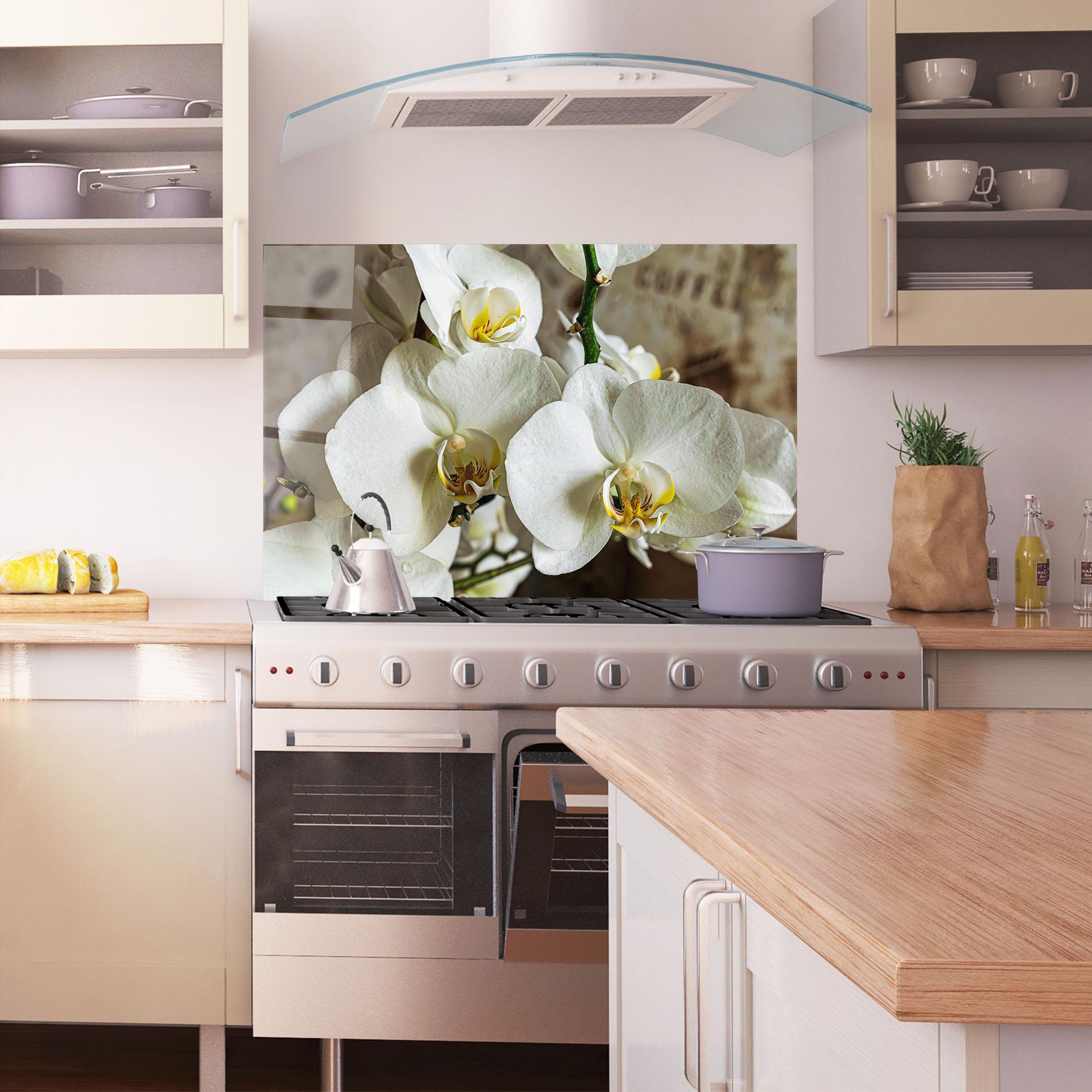 Konyhai üveg hátfal Beautiful White Orchids mockup 1