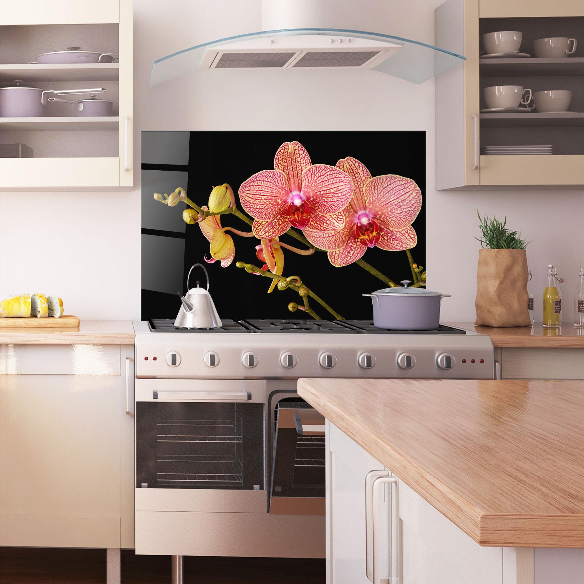 Konyhai üveg hátfal Pink Orchids On Black mockup 1