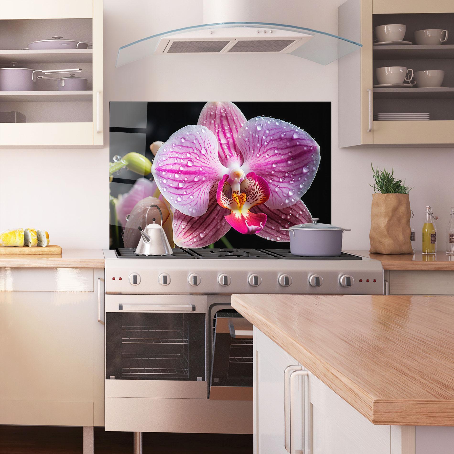 Konyhai üveg hátfal Pretty Orchid After Rain mockup 1