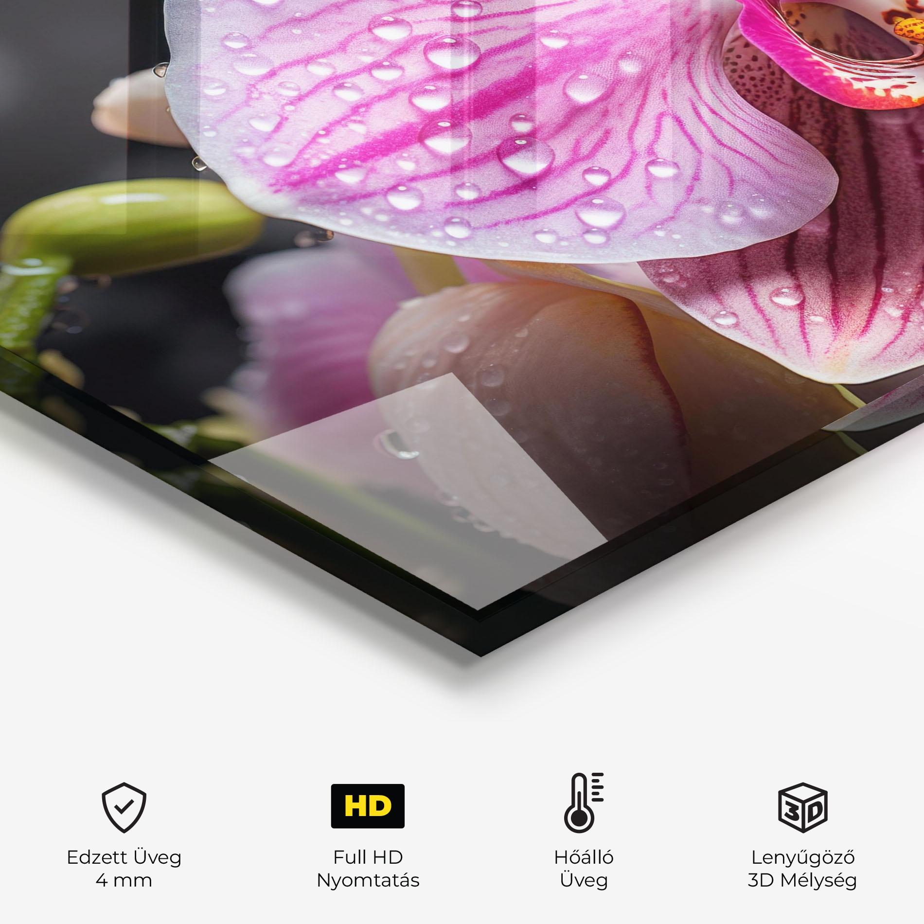 Konyhai üveg hátfal Pretty Orchid After Rain mockup 2