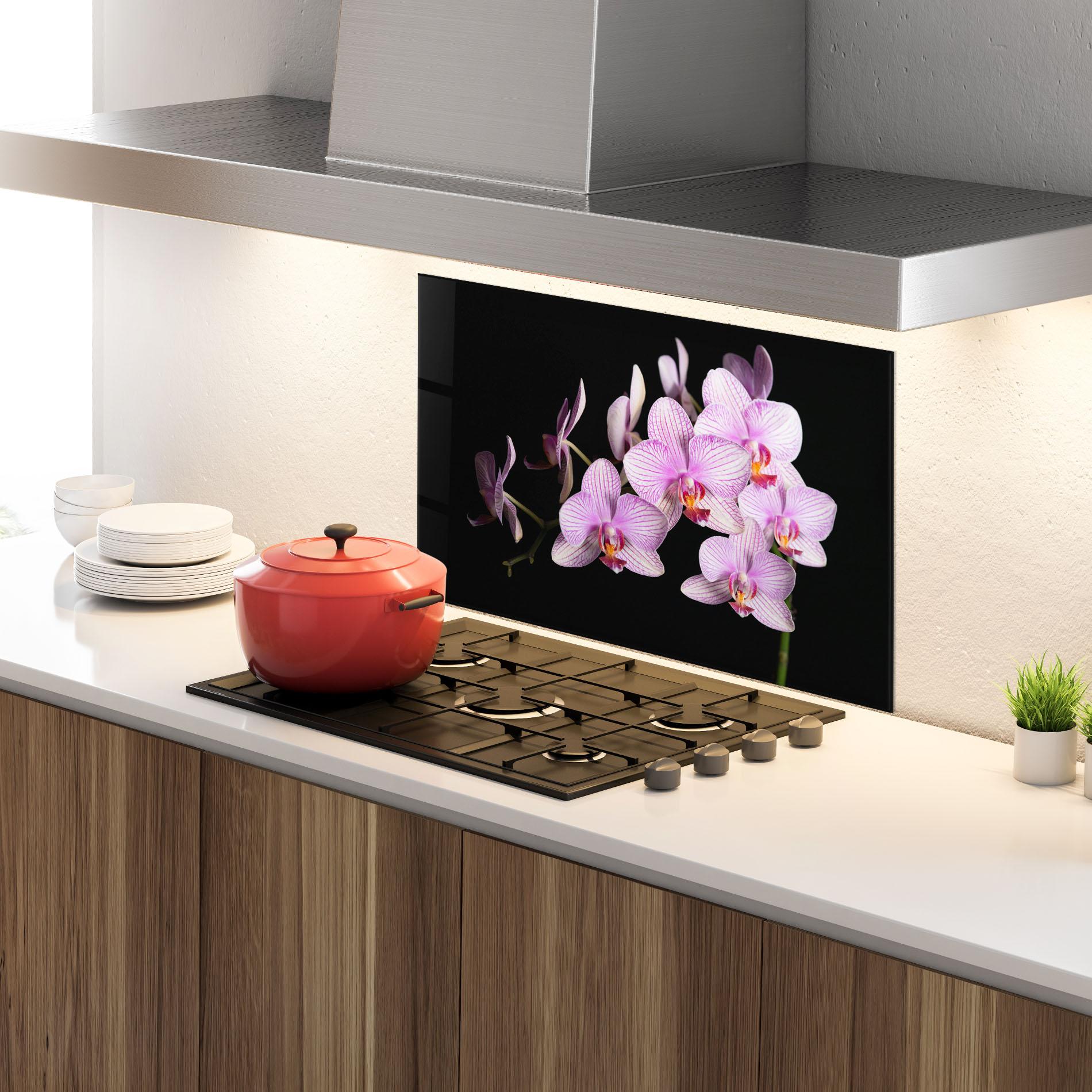 Konyhai üveg hátfal Beautiful Orchids On Black mockup 4