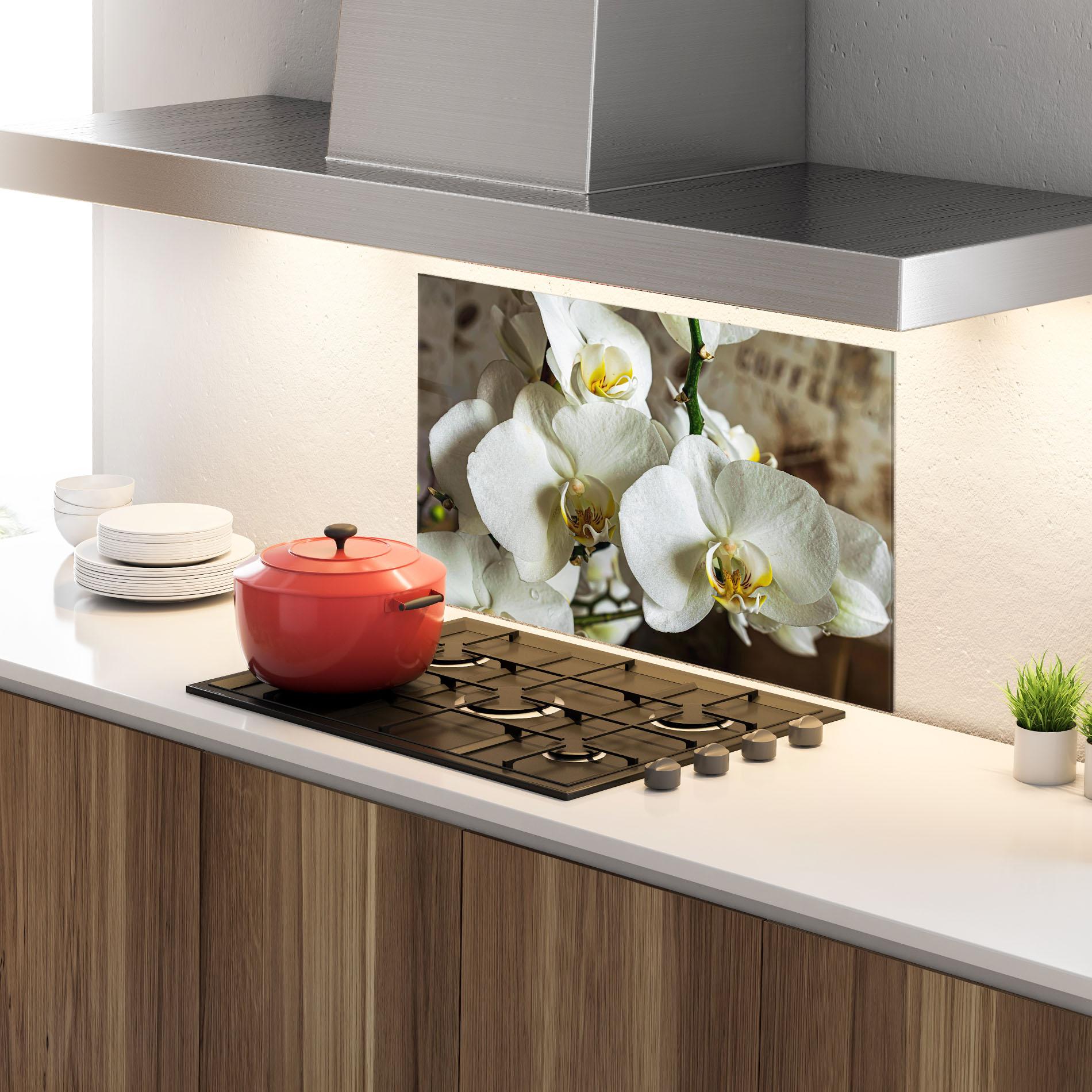 Konyhai üveg hátfal Beautiful White Orchids mockup 4