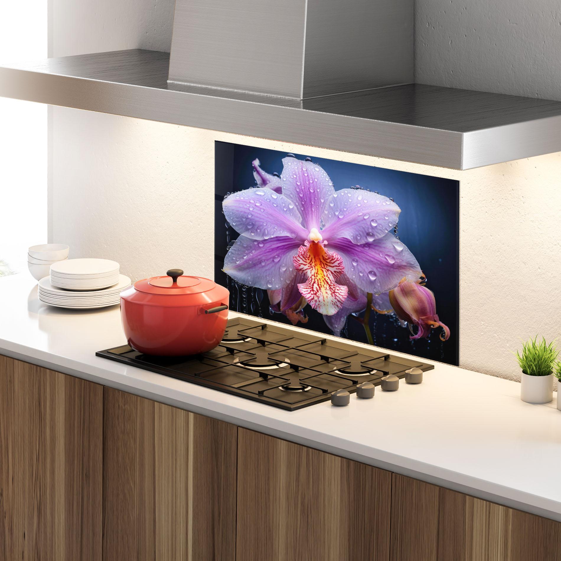 Konyhai üveg hátfal Orchid In Rain mockup 4