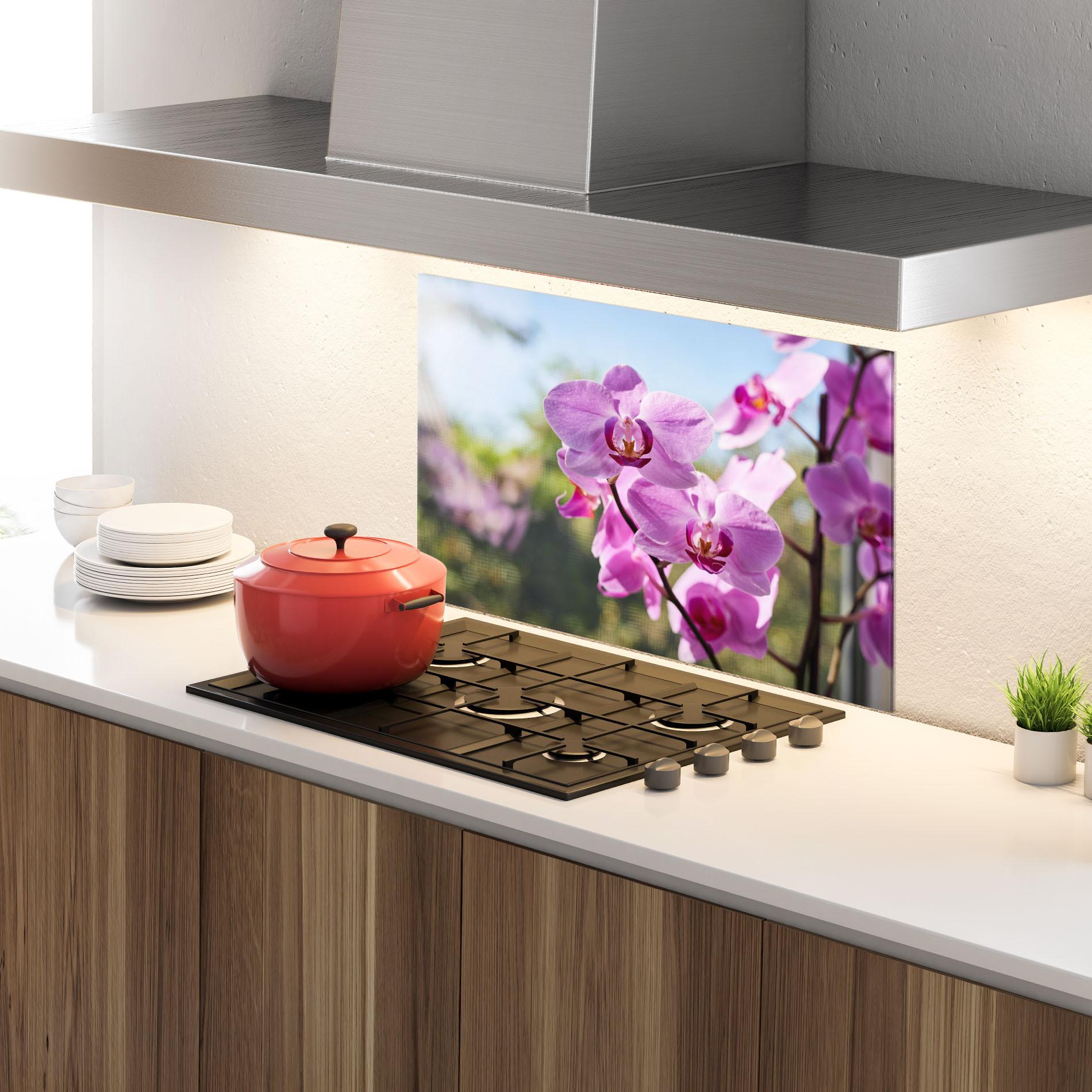 Konyhai üveg hátfal Orchids In The Garden mockup 4