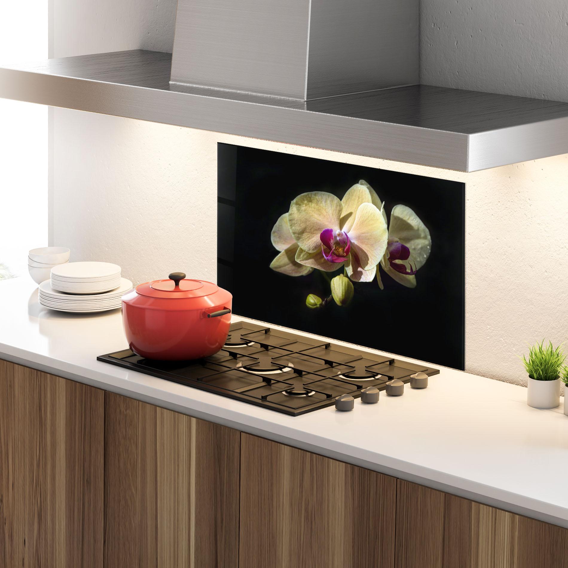 Konyhai üveg hátfal Pastel Yellow Orchids mockup 4
