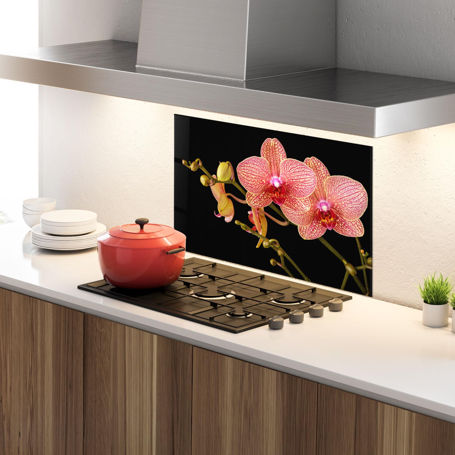 Konyhai üveg hátfal Pink Orchids On Black mockup 4