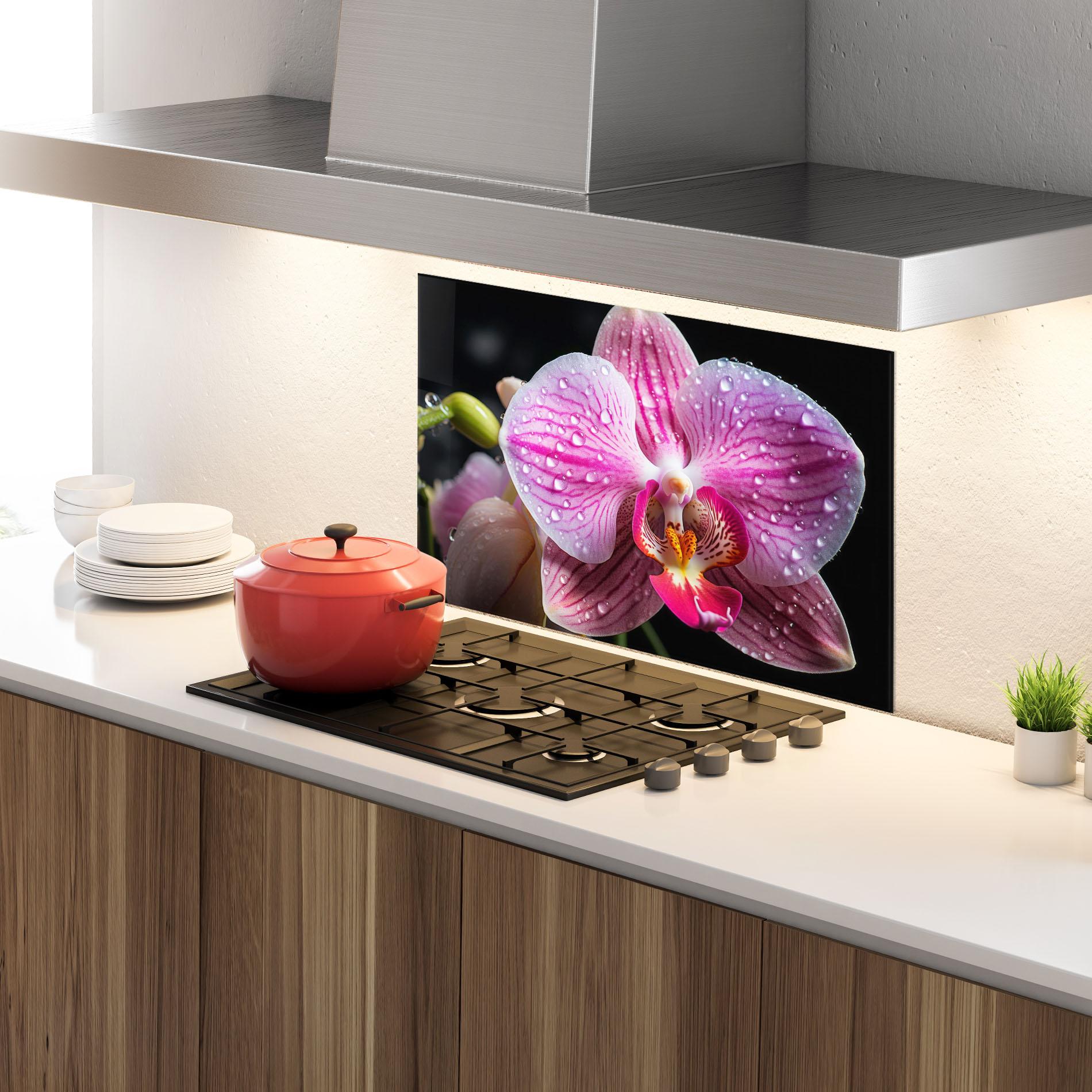 Konyhai üveg hátfal Pretty Orchid After Rain mockup 4