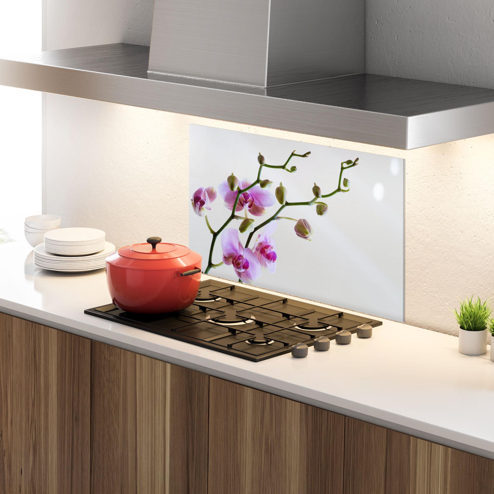 Konyhai üveg hátfal Purple Orchid On Grey mockup 4