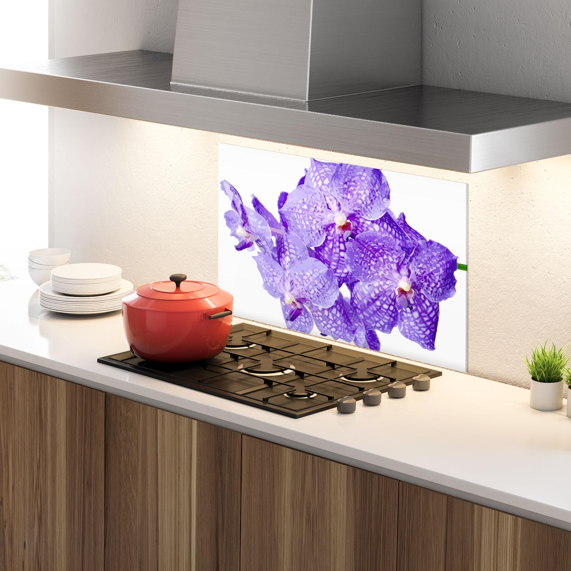 Konyhai üveg hátfal Purple White Orchid mockup 4