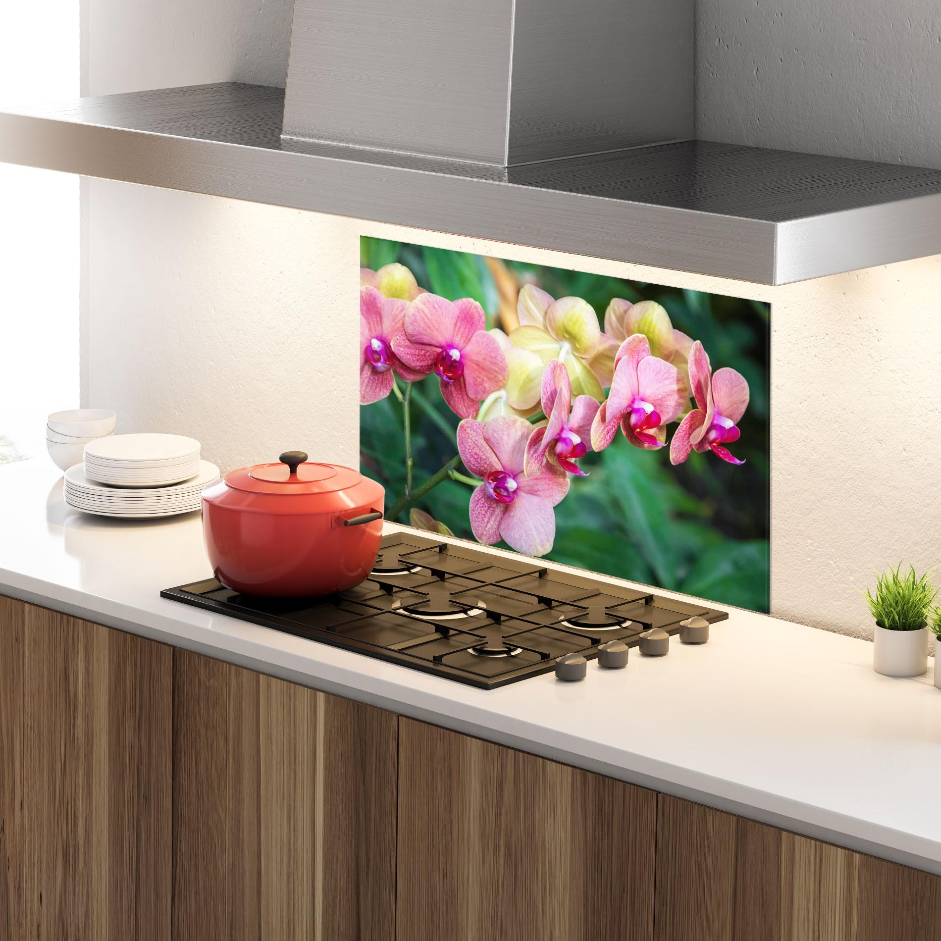 Konyhai üveg hátfal Yellow Oink Orchid mockup 4