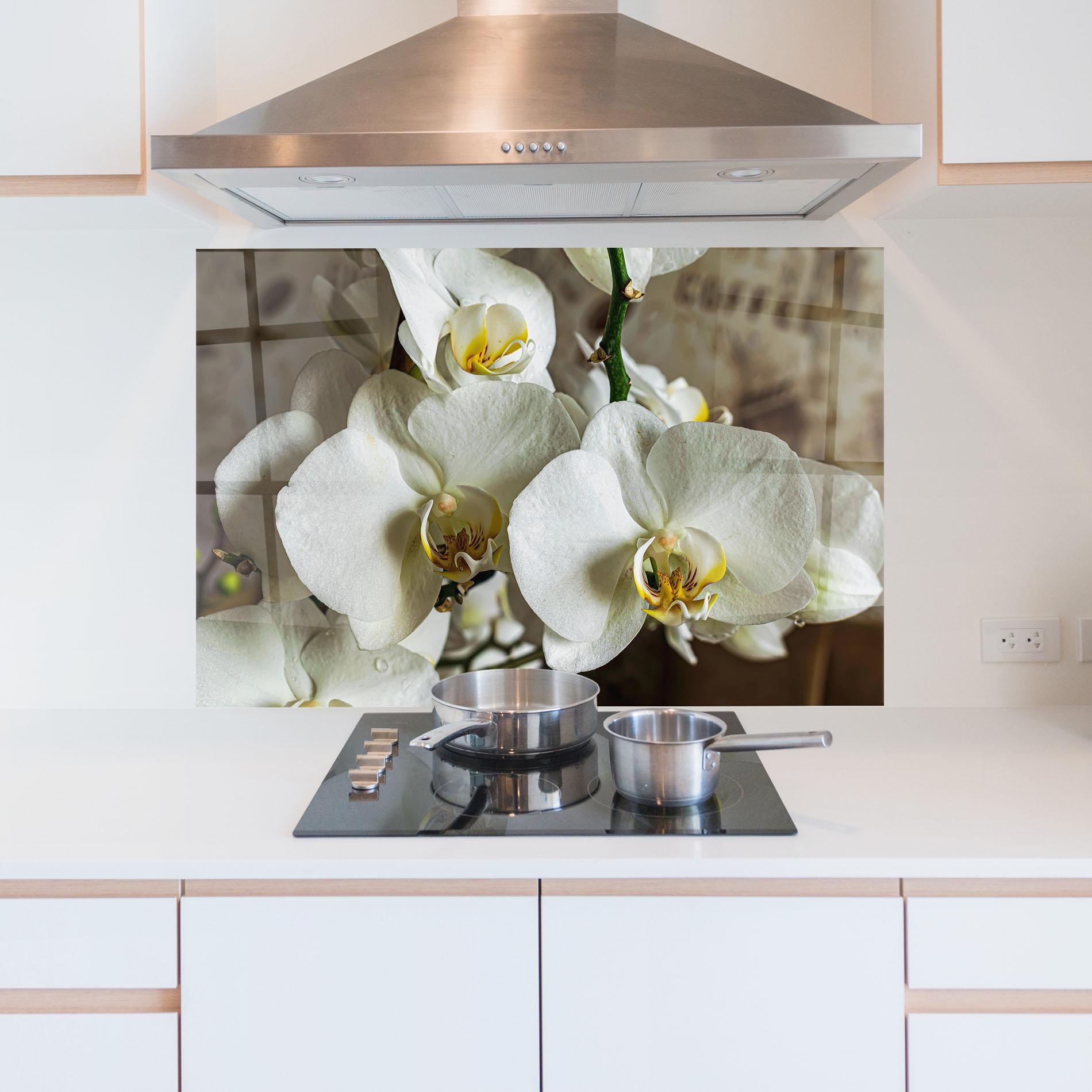 Konyhai üveg hátfal Beautiful White Orchids mockup 5