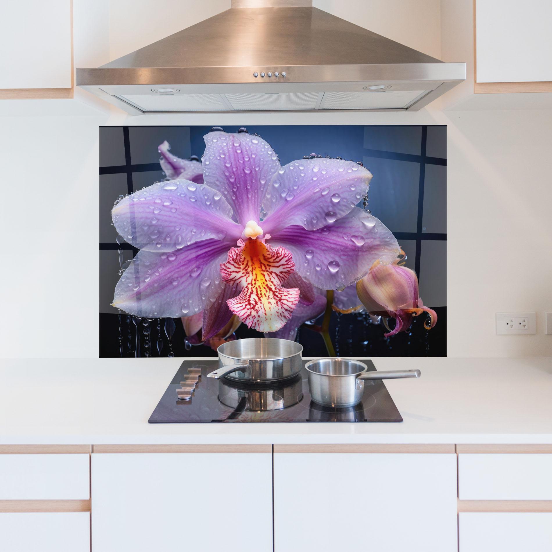 Konyhai üveg hátfal Orchid In Rain mockup 5