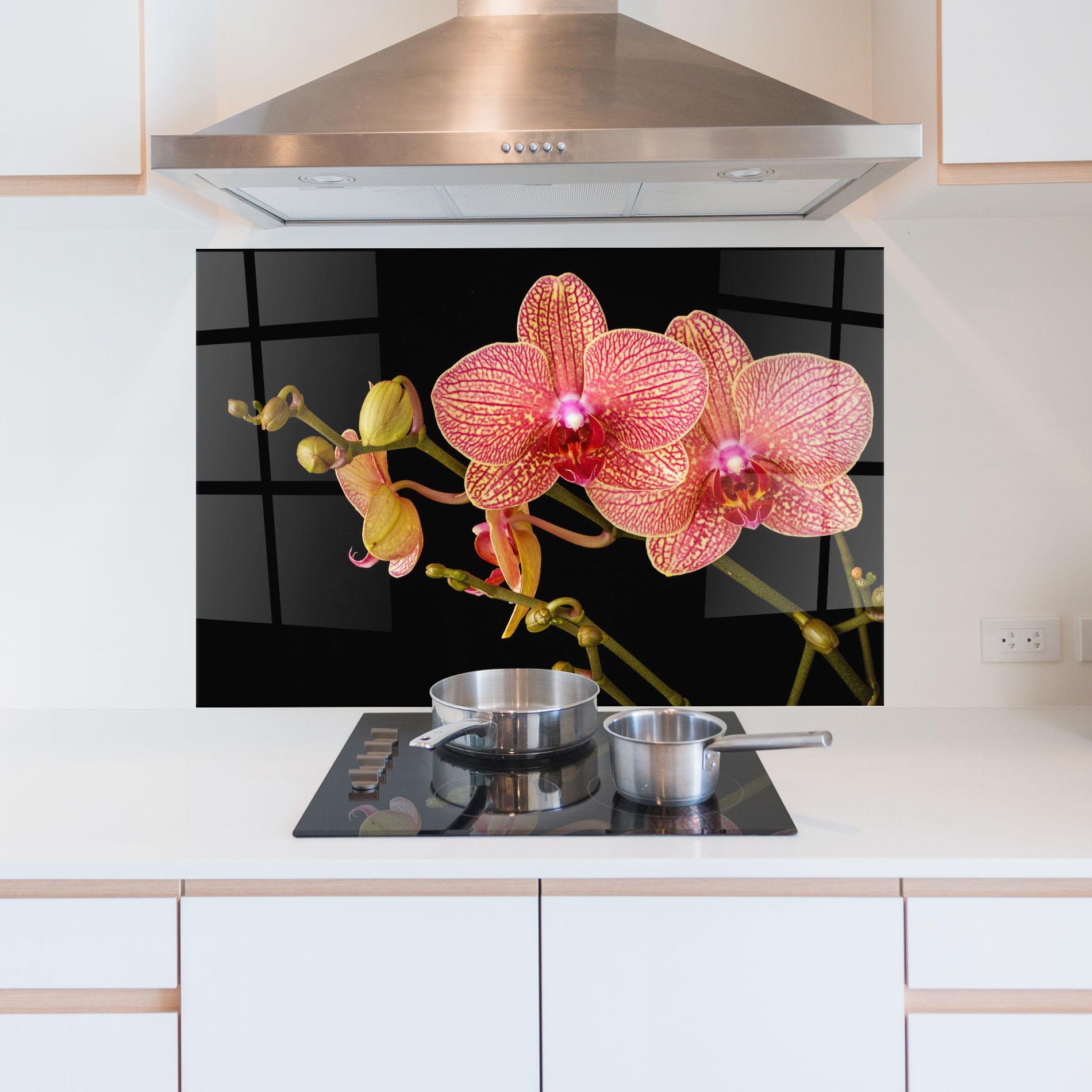 Konyhai üveg hátfal Pink Orchids On Black mockup 5