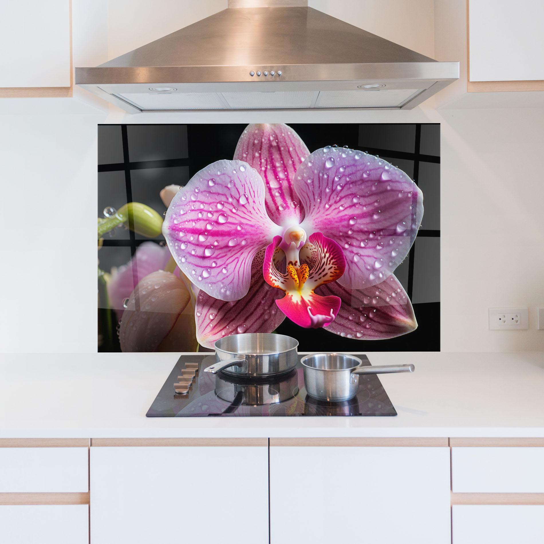 Konyhai üveg hátfal Pretty Orchid After Rain mockup 5