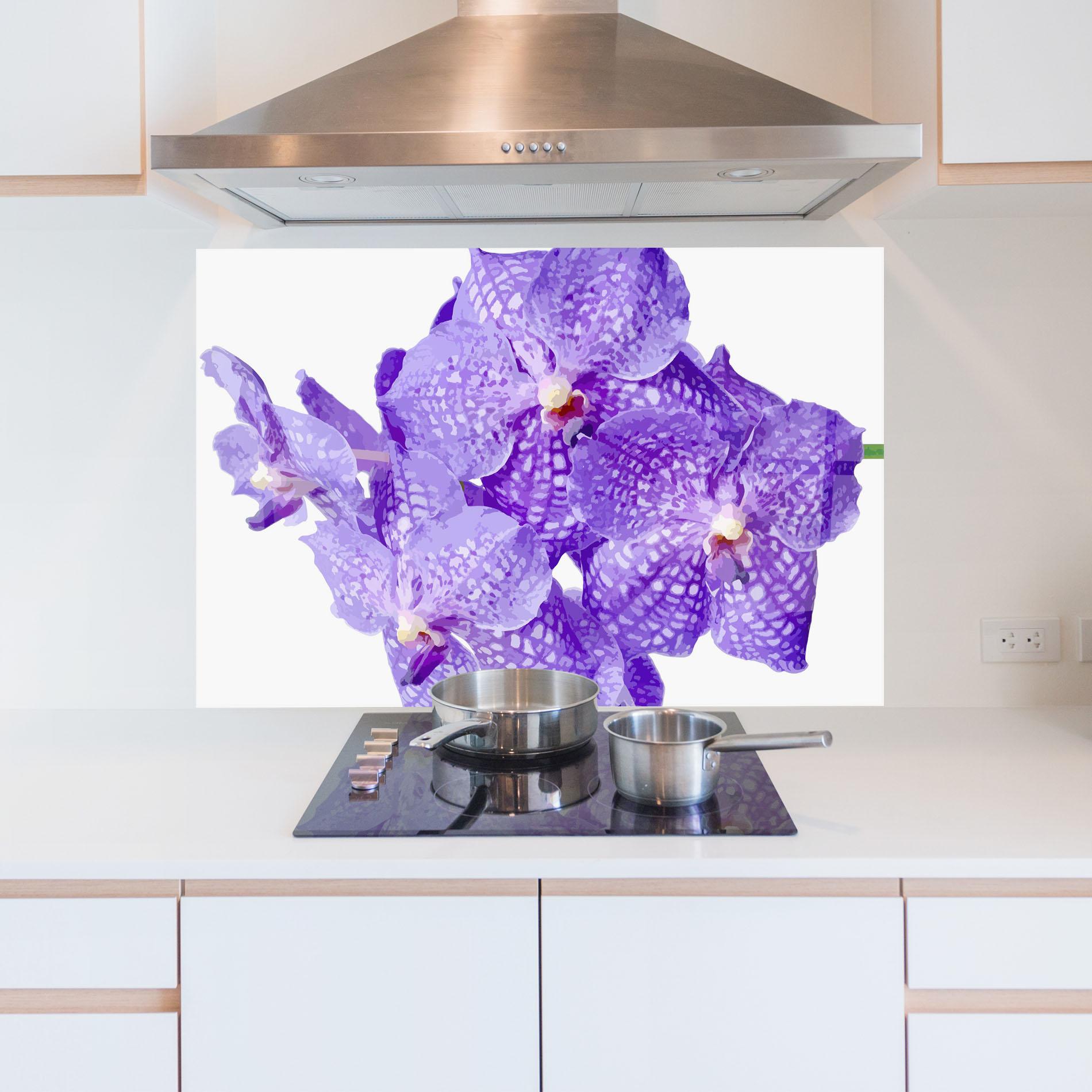 Konyhai üveg hátfal Purple White Orchid mockup 5
