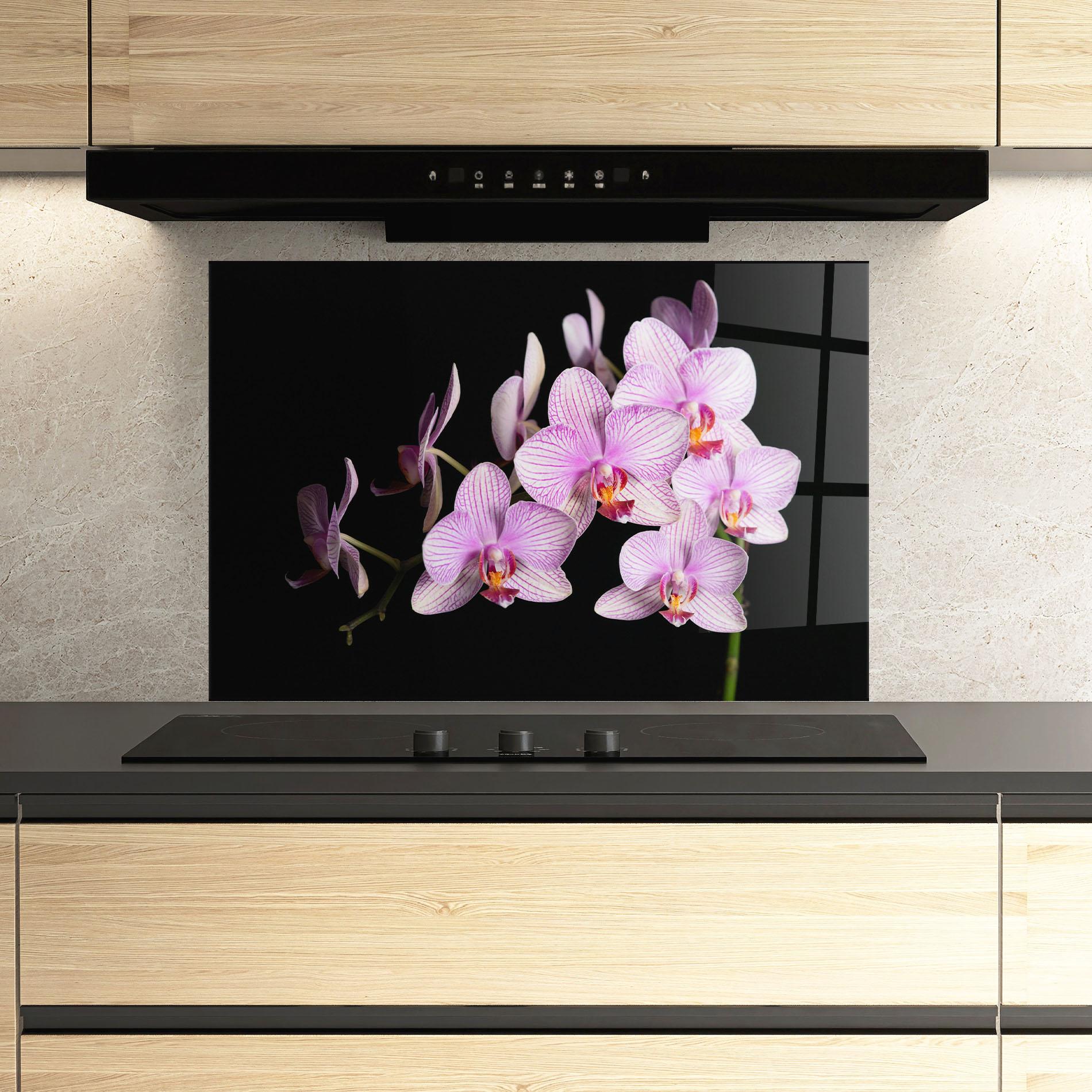 Konyhai üveg hátfal Beautiful Orchids On Black mockup 3