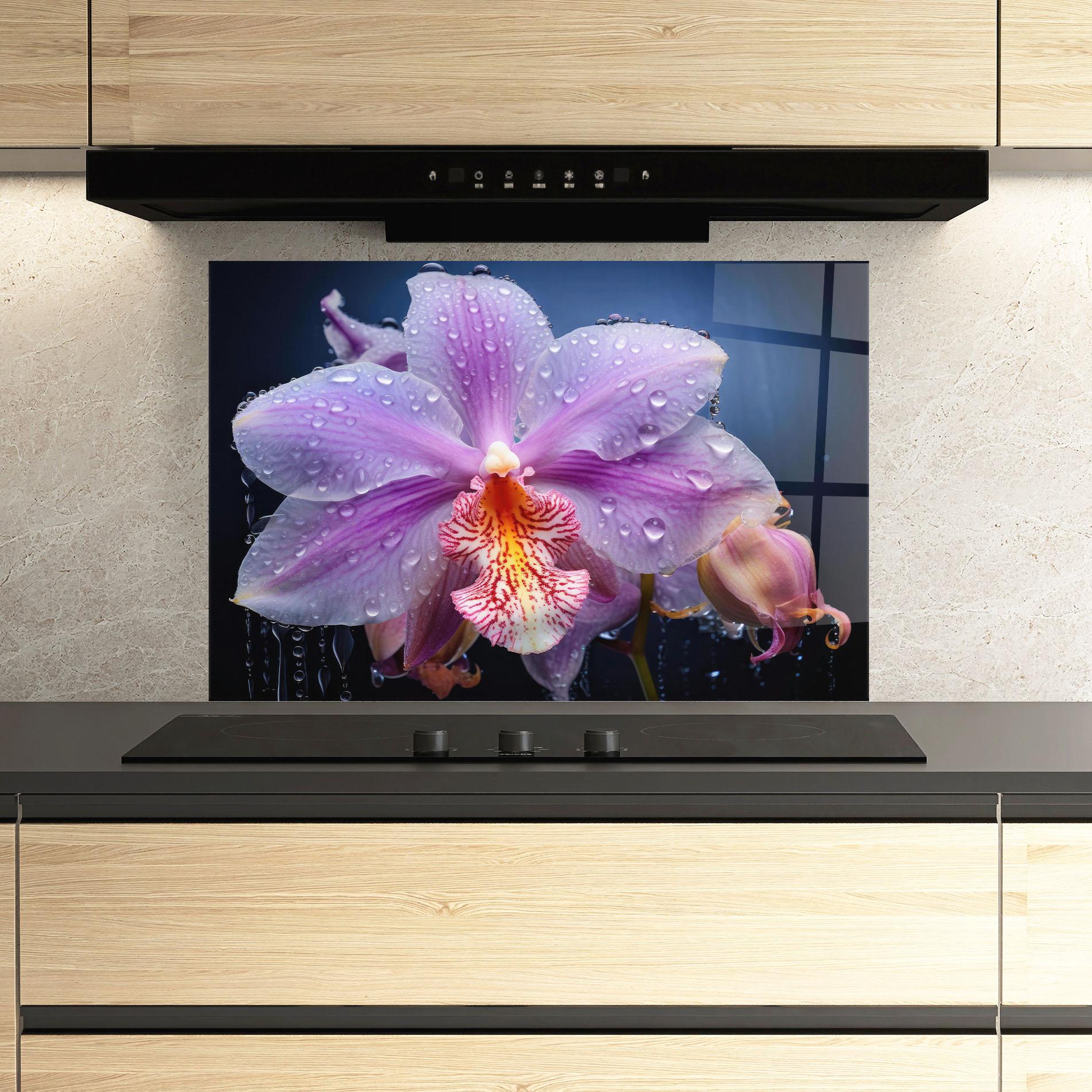 Konyhai üveg hátfal Orchid In Rain mockup 3