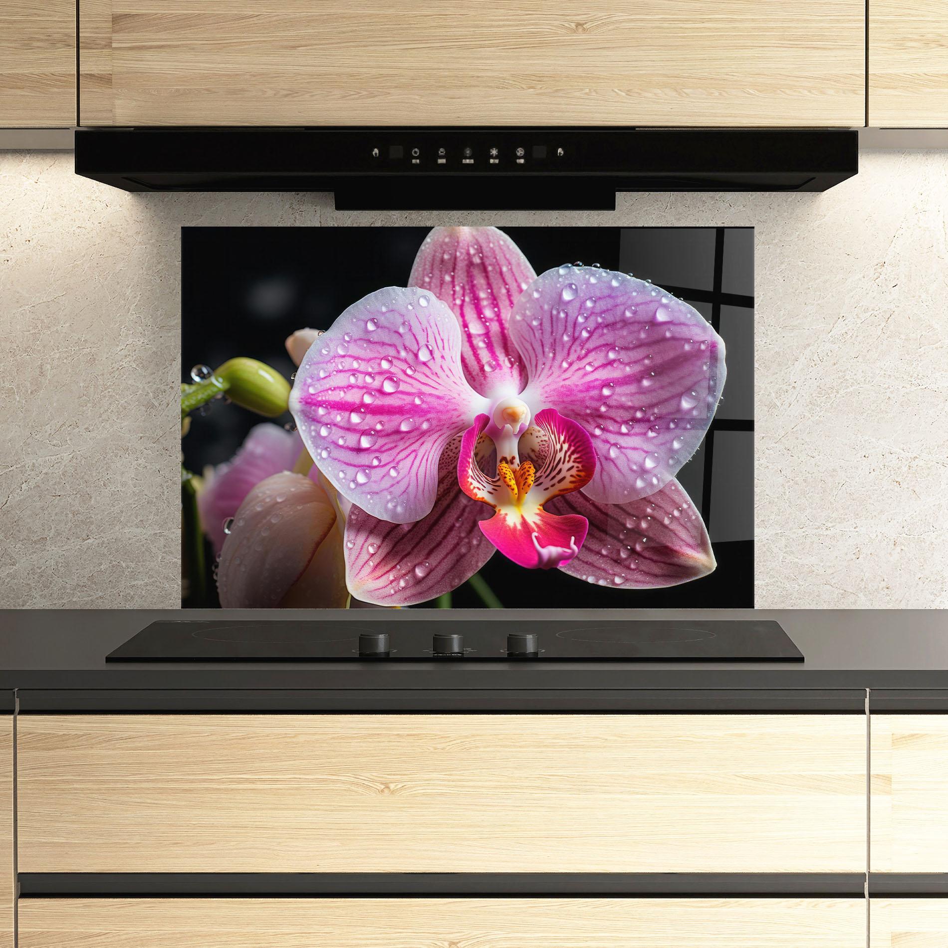 Konyhai üveg hátfal Pretty Orchid After Rain mockup 3