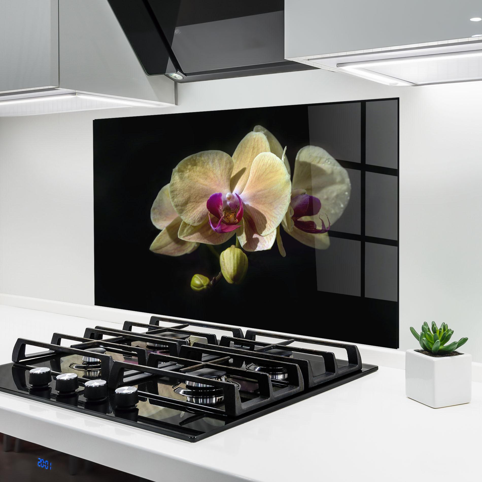Konyhai üveg hátfal Pastel Yellow Orchids mockup 6