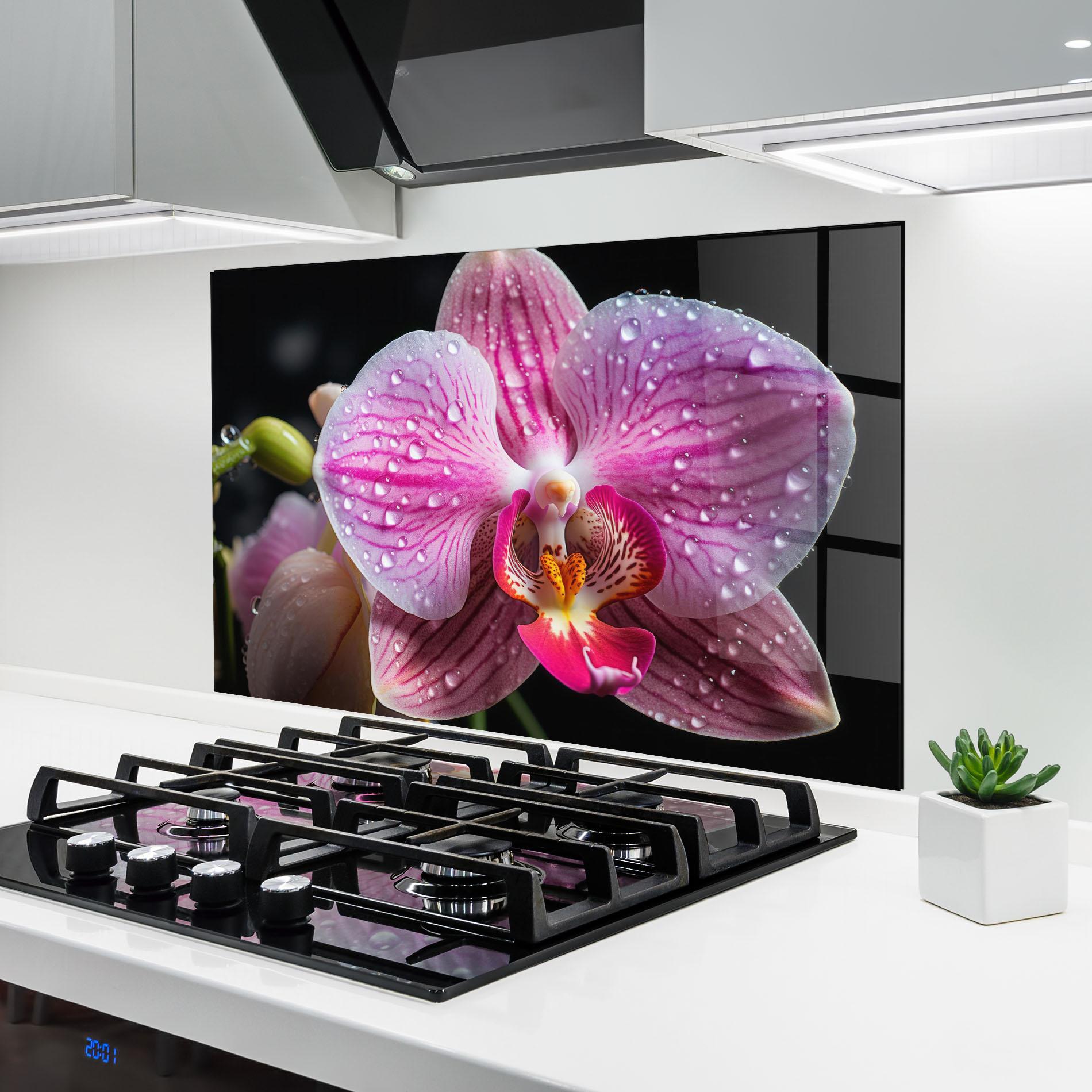 Konyhai üveg hátfal Pretty Orchid After Rain mockup 6