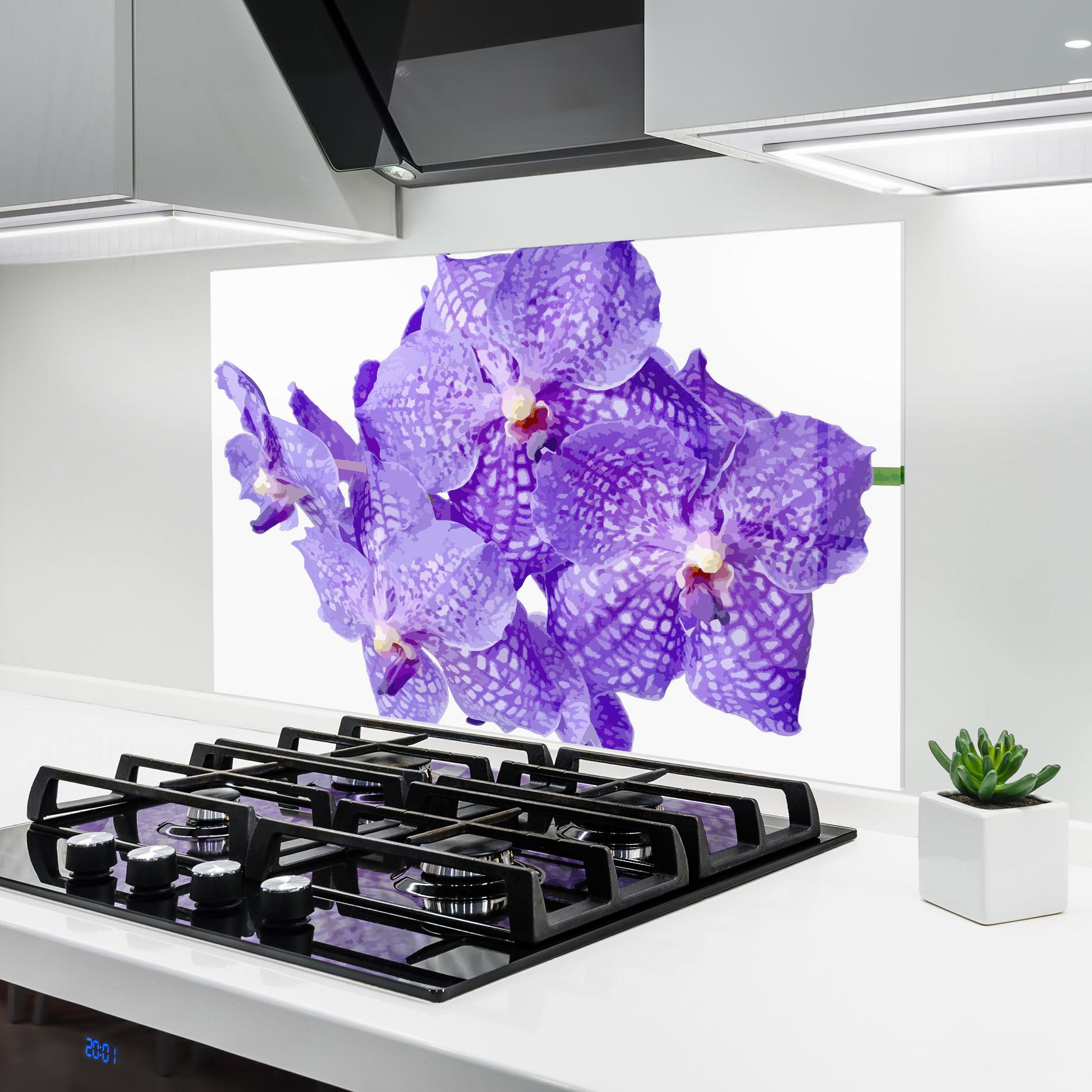 Konyhai üveg hátfal Purple White Orchid mockup 6