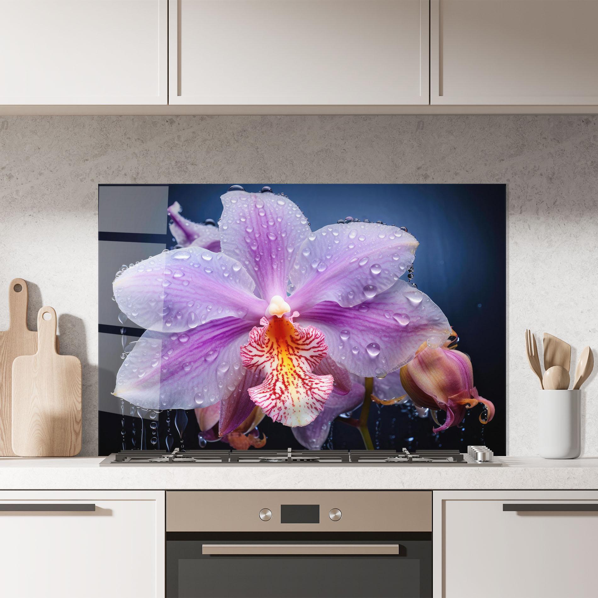 Konyhai üveg hátfal Orchid In Rain mockup 7