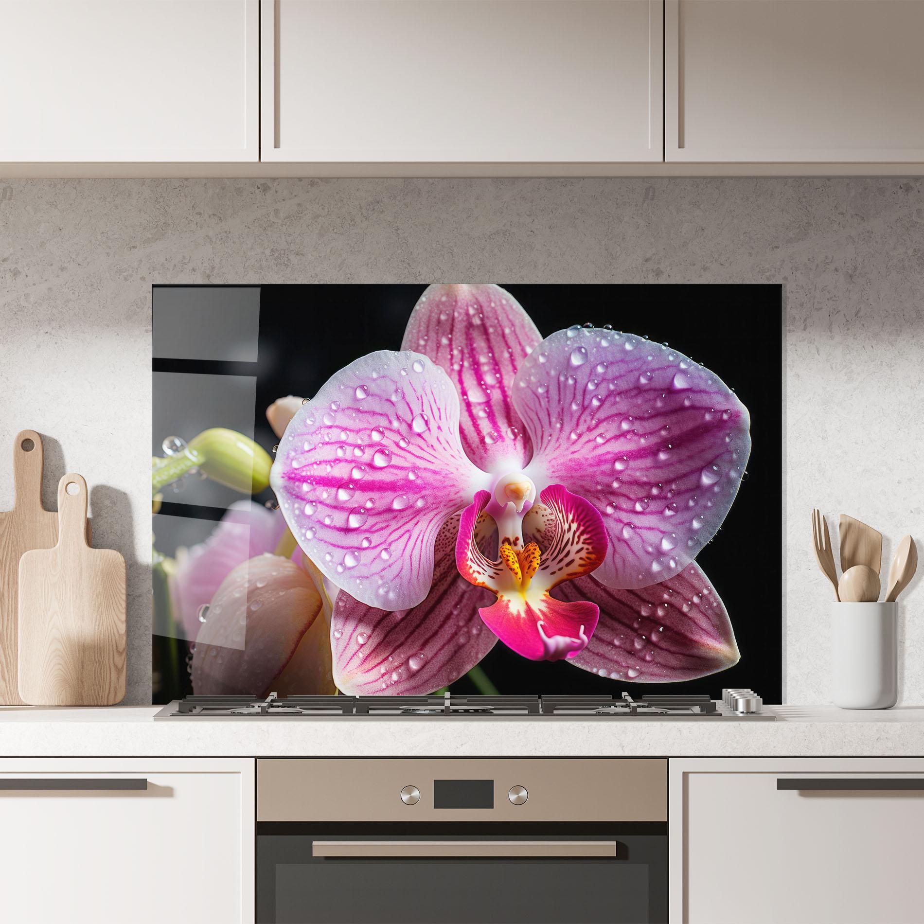 Konyhai üveg hátfal Pretty Orchid After Rain mockup 7