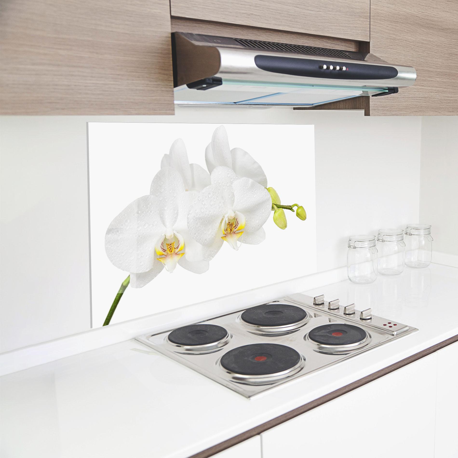 Konyhai üveg hátfal Orchids On White mockup 8