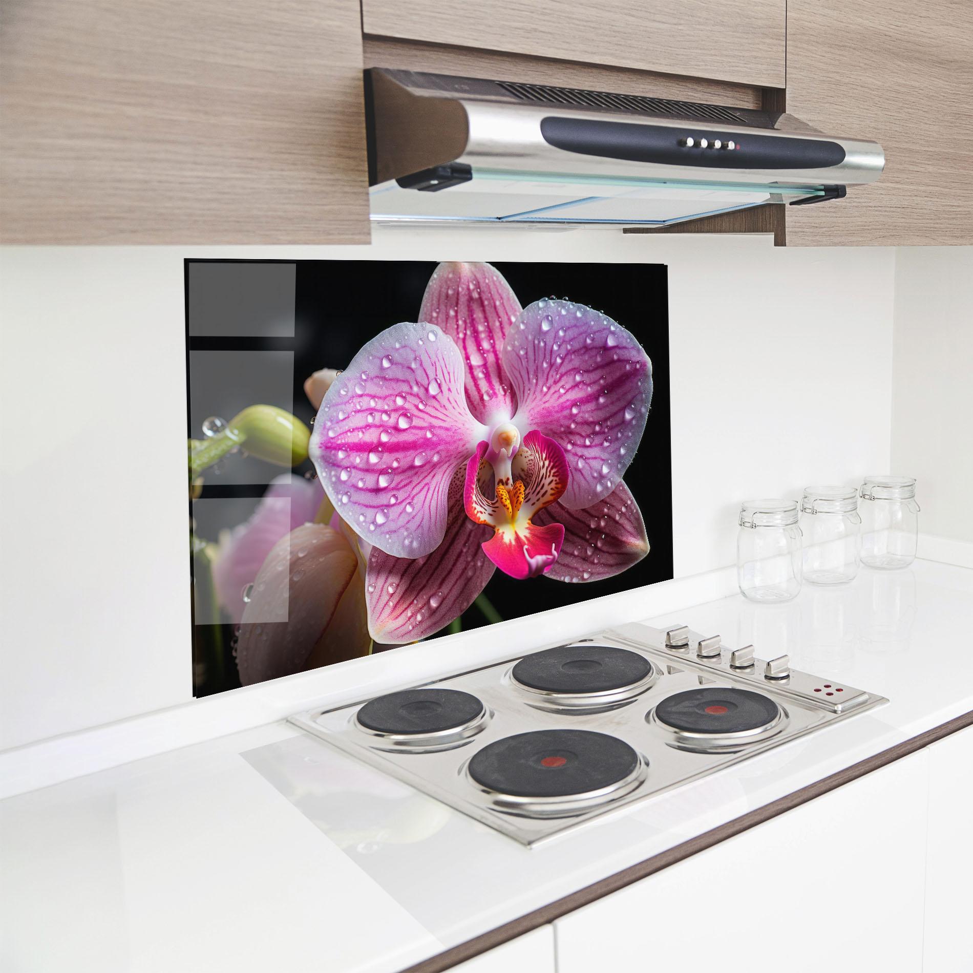 Konyhai üveg hátfal Pretty Orchid After Rain mockup 8