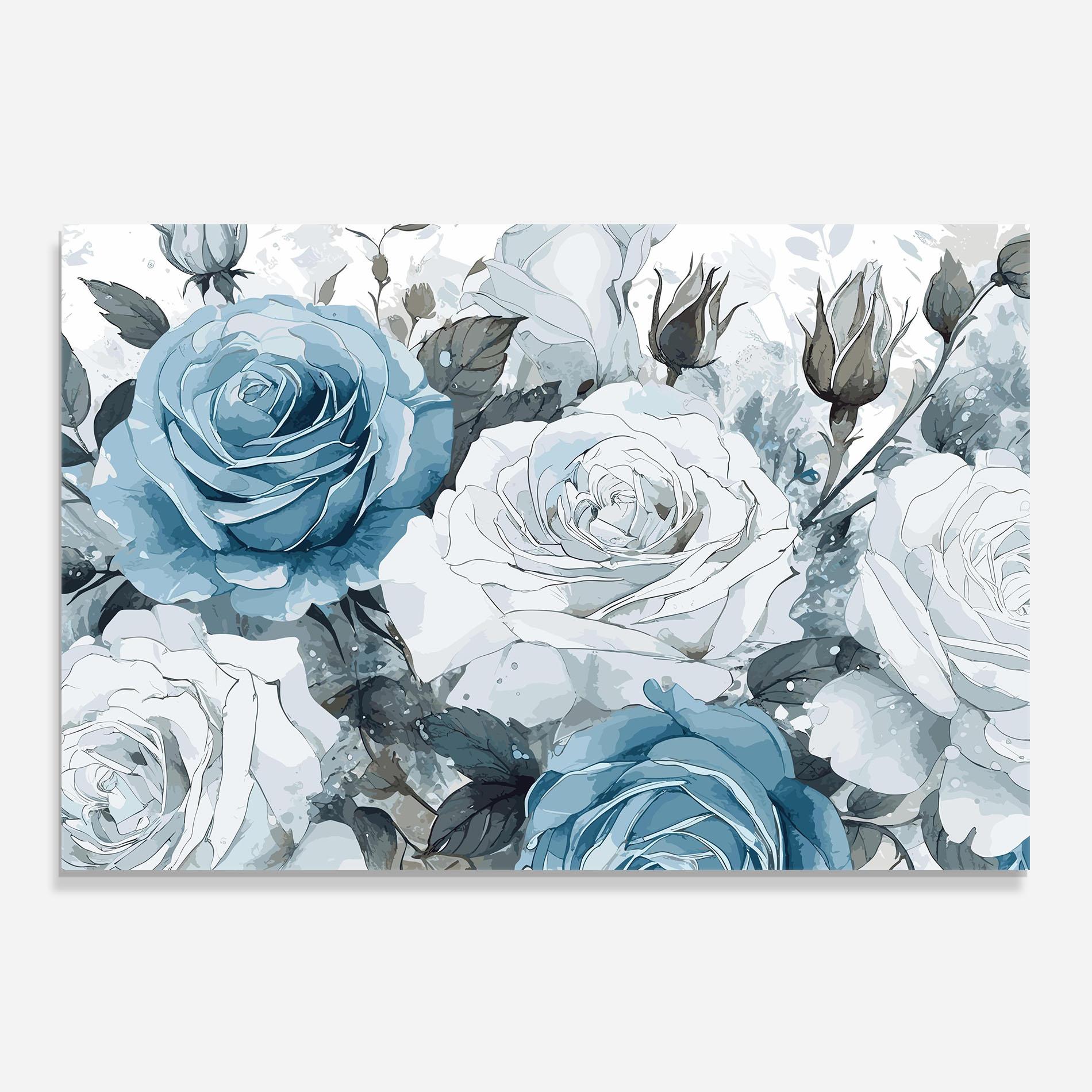 Konyhai üveg hátfal Blue White Rose mockup 0